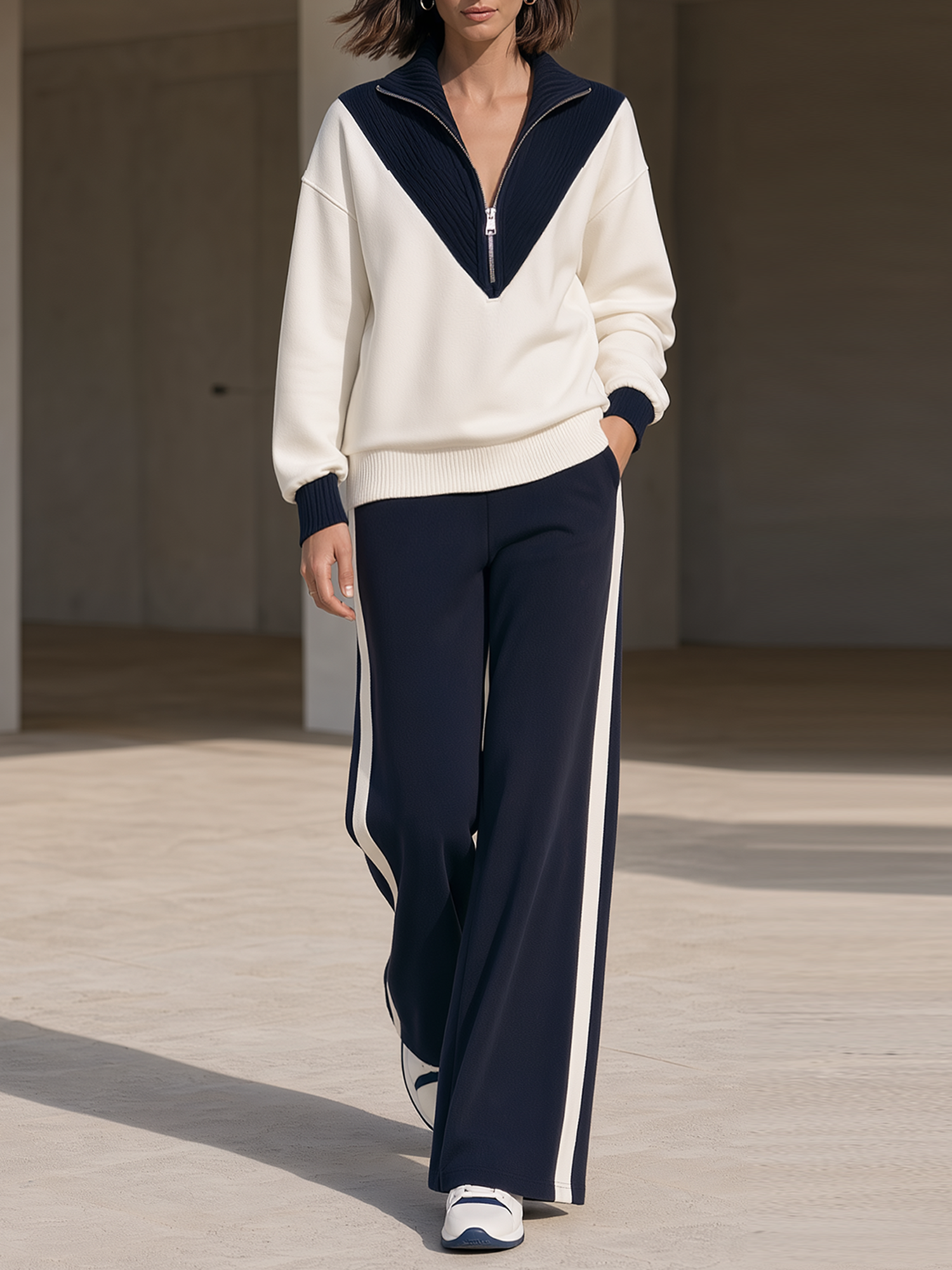 White Navy Half Zip Collared Sweatshirt Wide Leg Pants Outfit