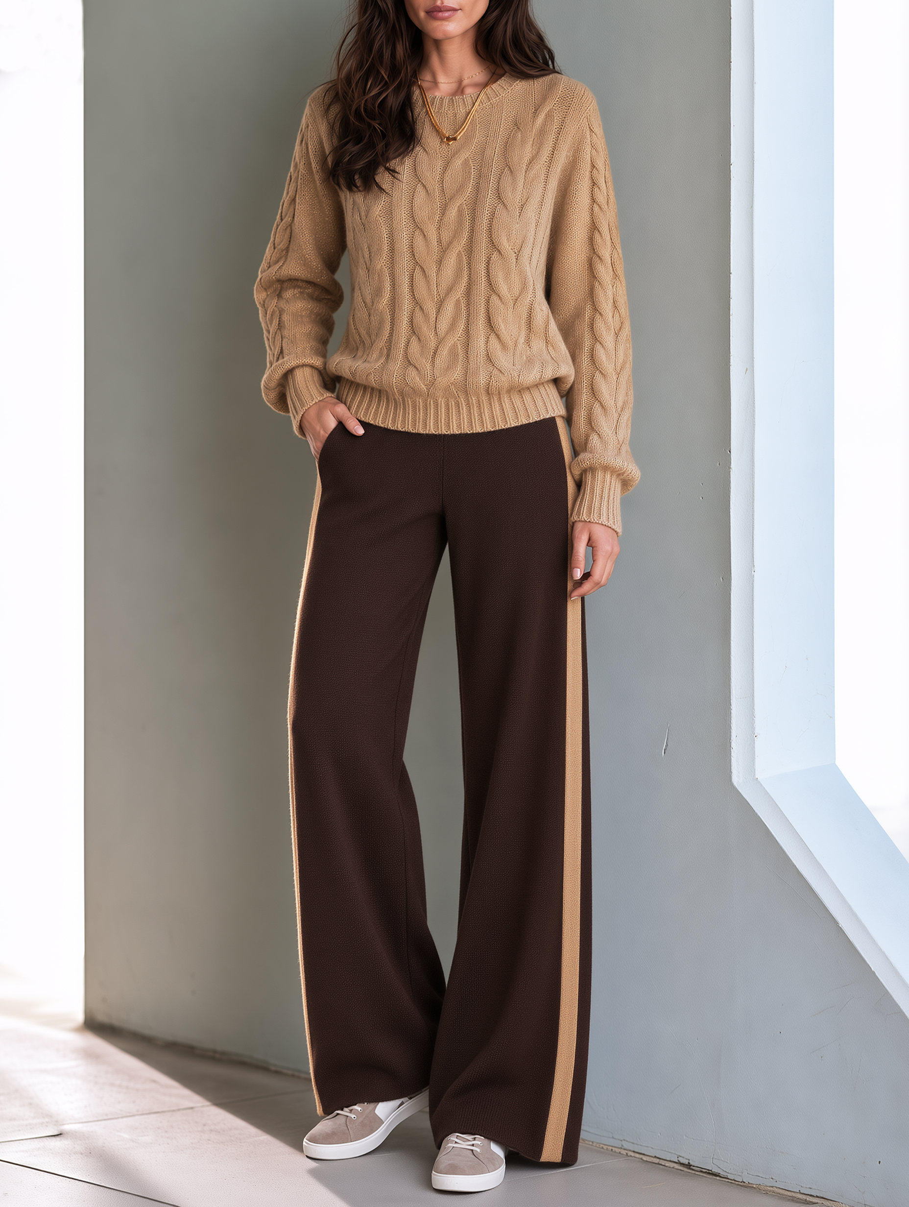 Cable-knit Crew-neck Sweater And Color-block Wide-leg Trousers Set