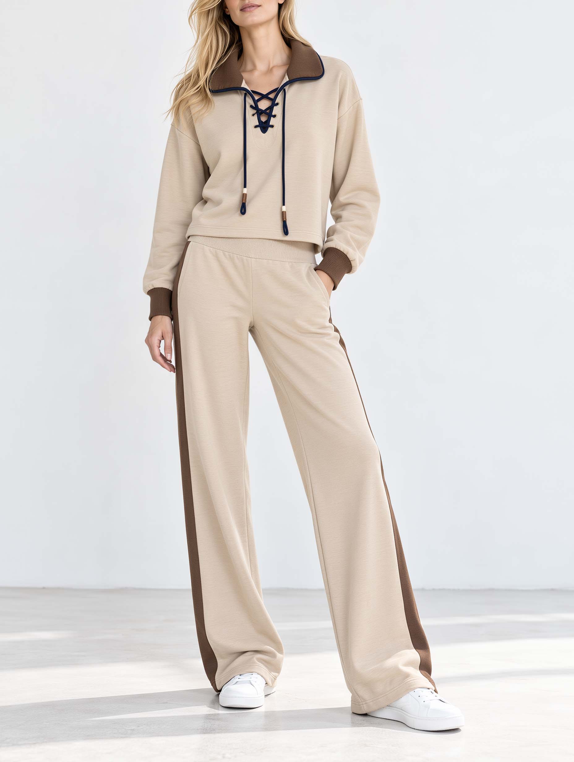 Khaki And Brown Color-block Long-sleeve Top And Trousers Set With A Lapel Collar And Tie-front Detail