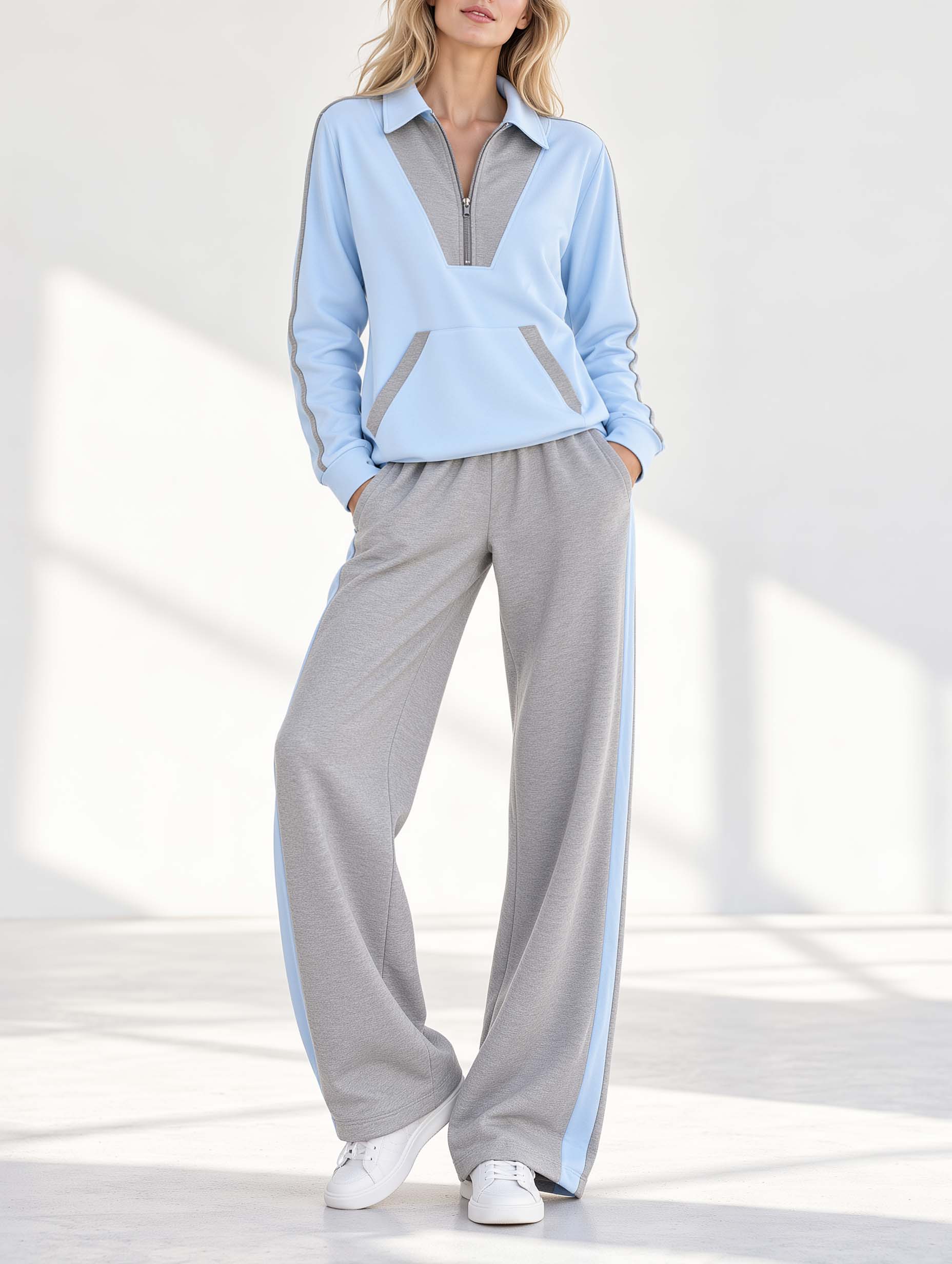 Stylish Casual Light Blue And Gray Color-block Long-sleeve Set Featuring A Half-zip Collared Top And Trousers
