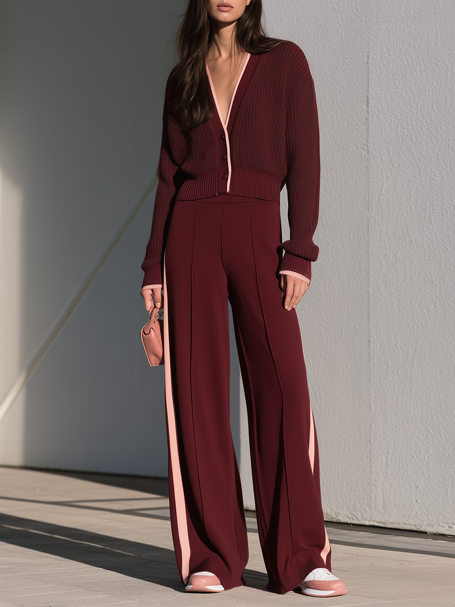 Burgundy Color-block Knit Cardigan And Wide-leg Trousers Set