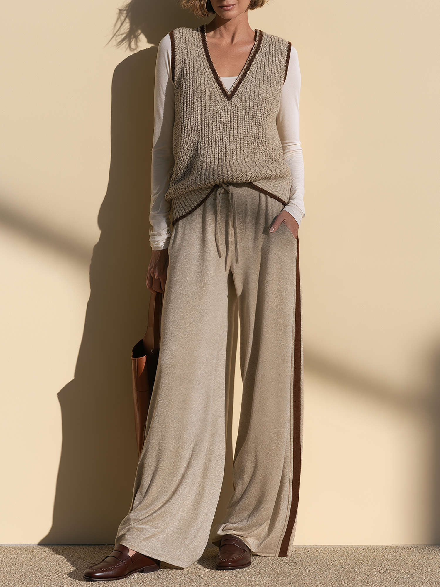 Oatmeal-colored Color-block Layered Knit Vest And Wide-leg Trousers Set