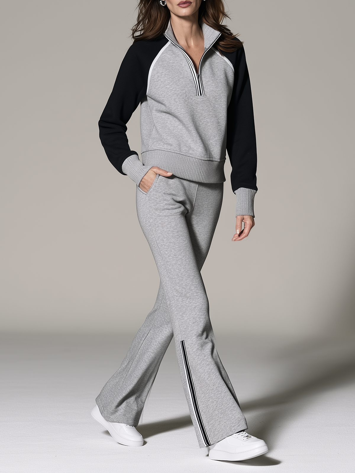 Grey And Black Color-block Half-zip Raglan Sweatshirt And Flared Pants Set