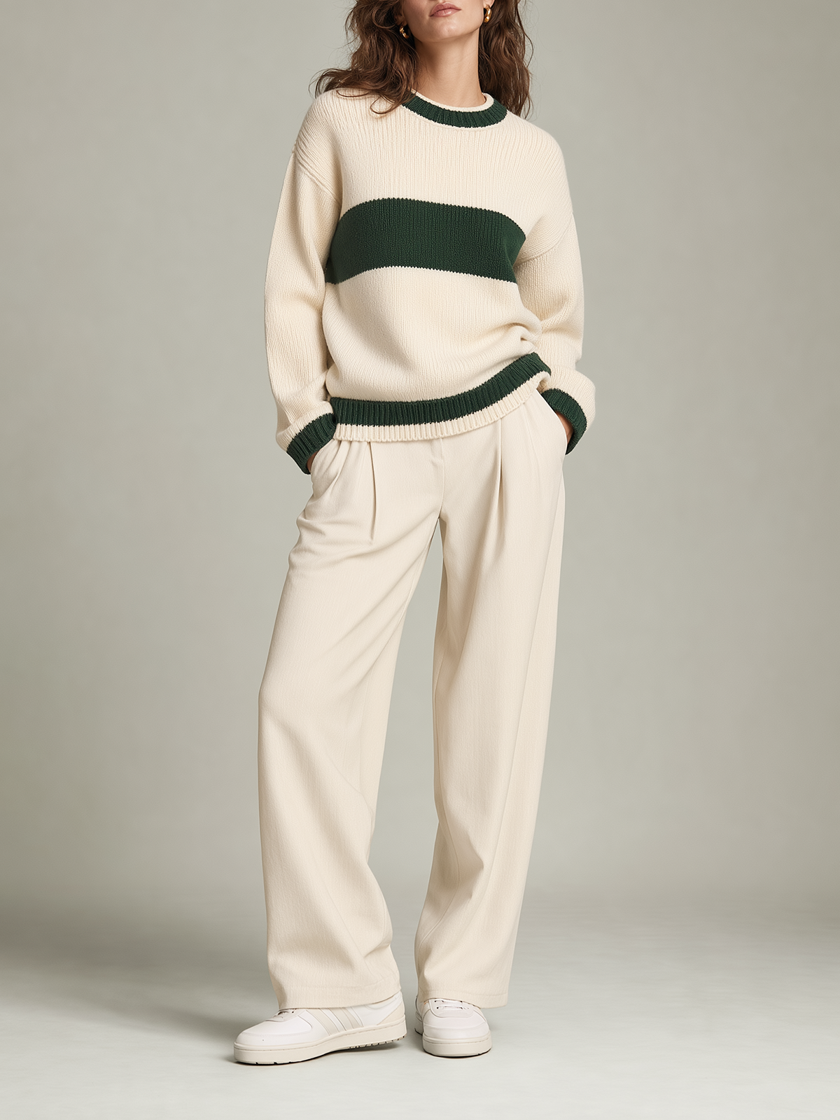 Cream And Dark Green Color-block Knit Sweater And Pleated Wide-leg Trousers Set