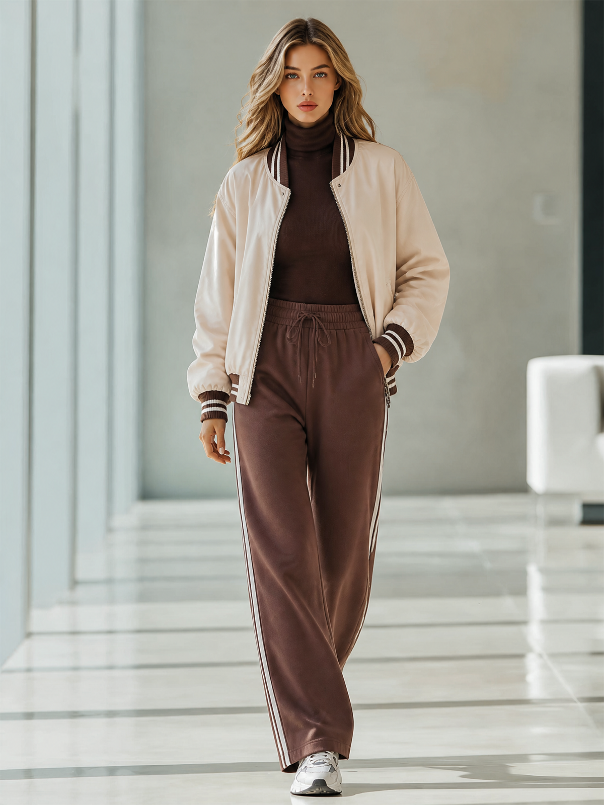 Beige Color Block Rib Trim Varsity Jacket Brown Wide Leg Pants Two Piece Set