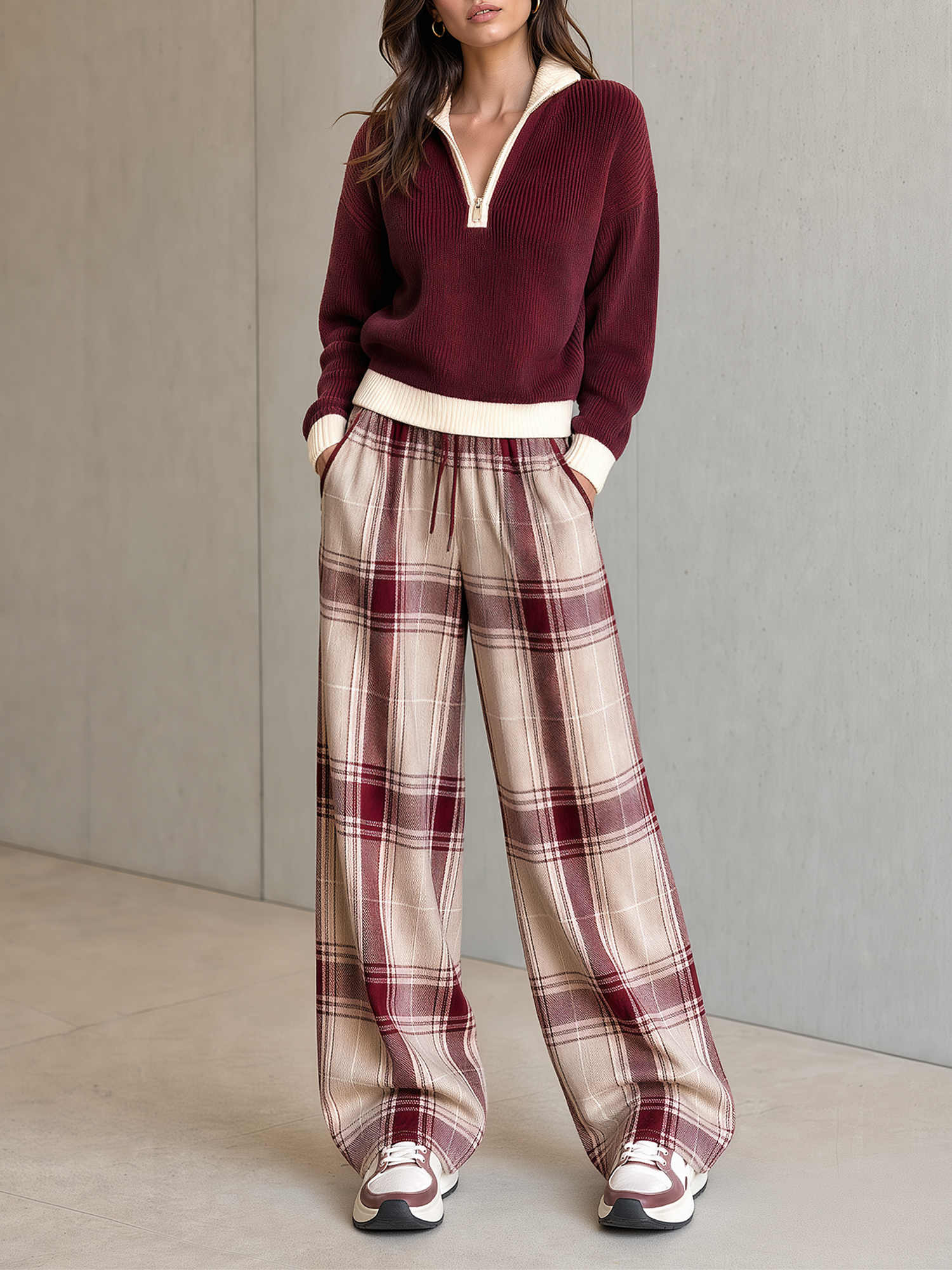 Burgundy Half Zip Rib Knit Top Plaid Wide Leg Pants Outfit