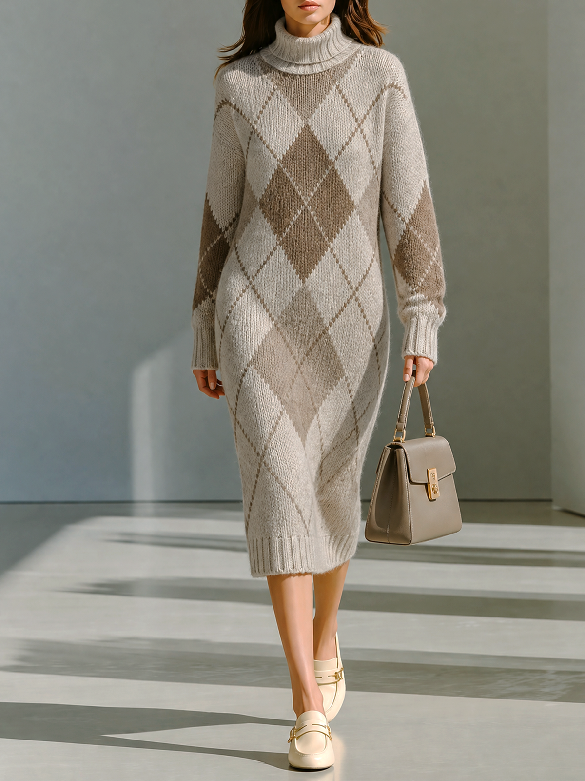 Greige Turtleneck Argyle Jacquard Long-sleeve Loose-Fit Knit Midi Dress