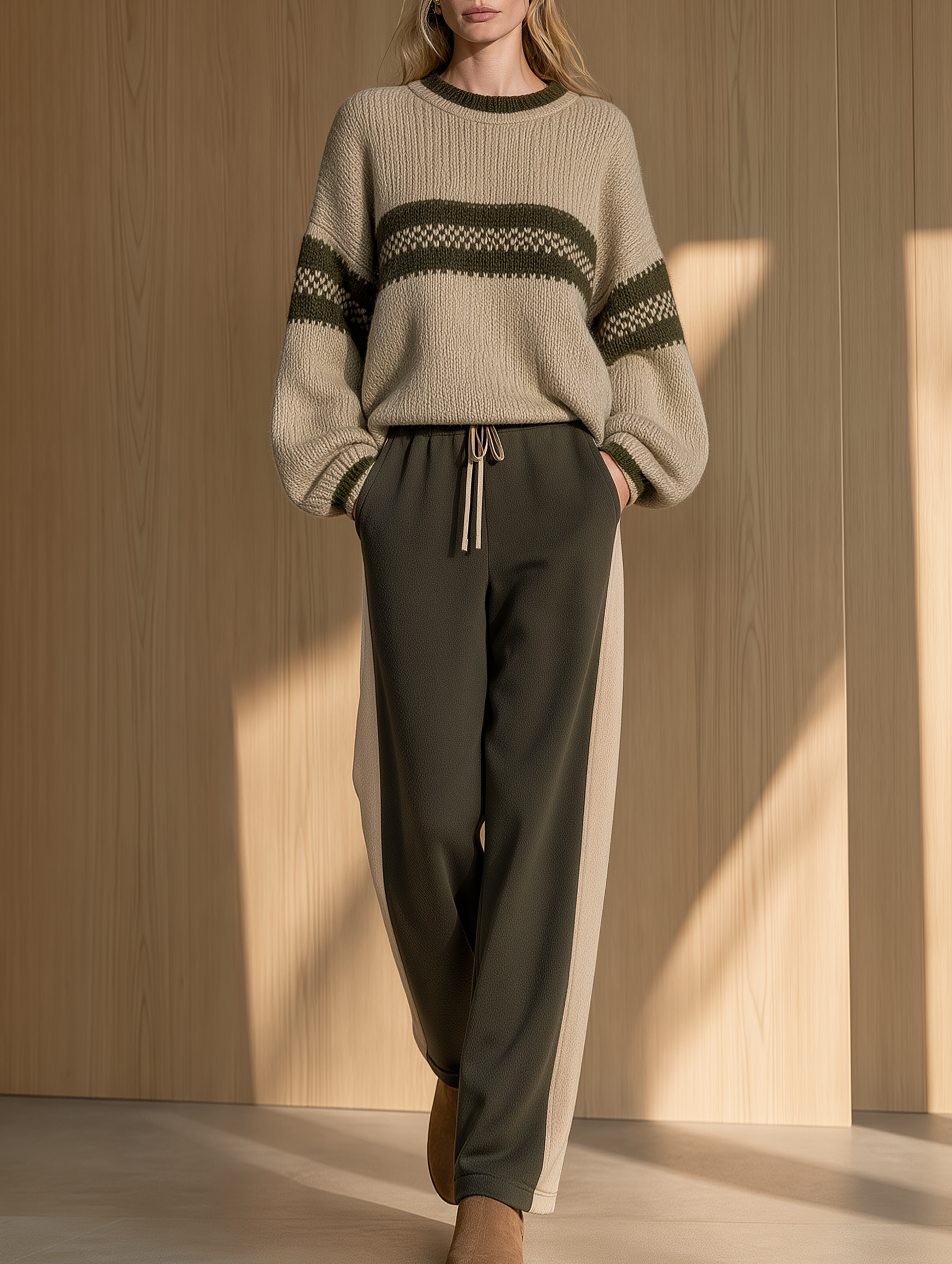 Khaki Jacquard Sweater And Army Green Sweatpants Set