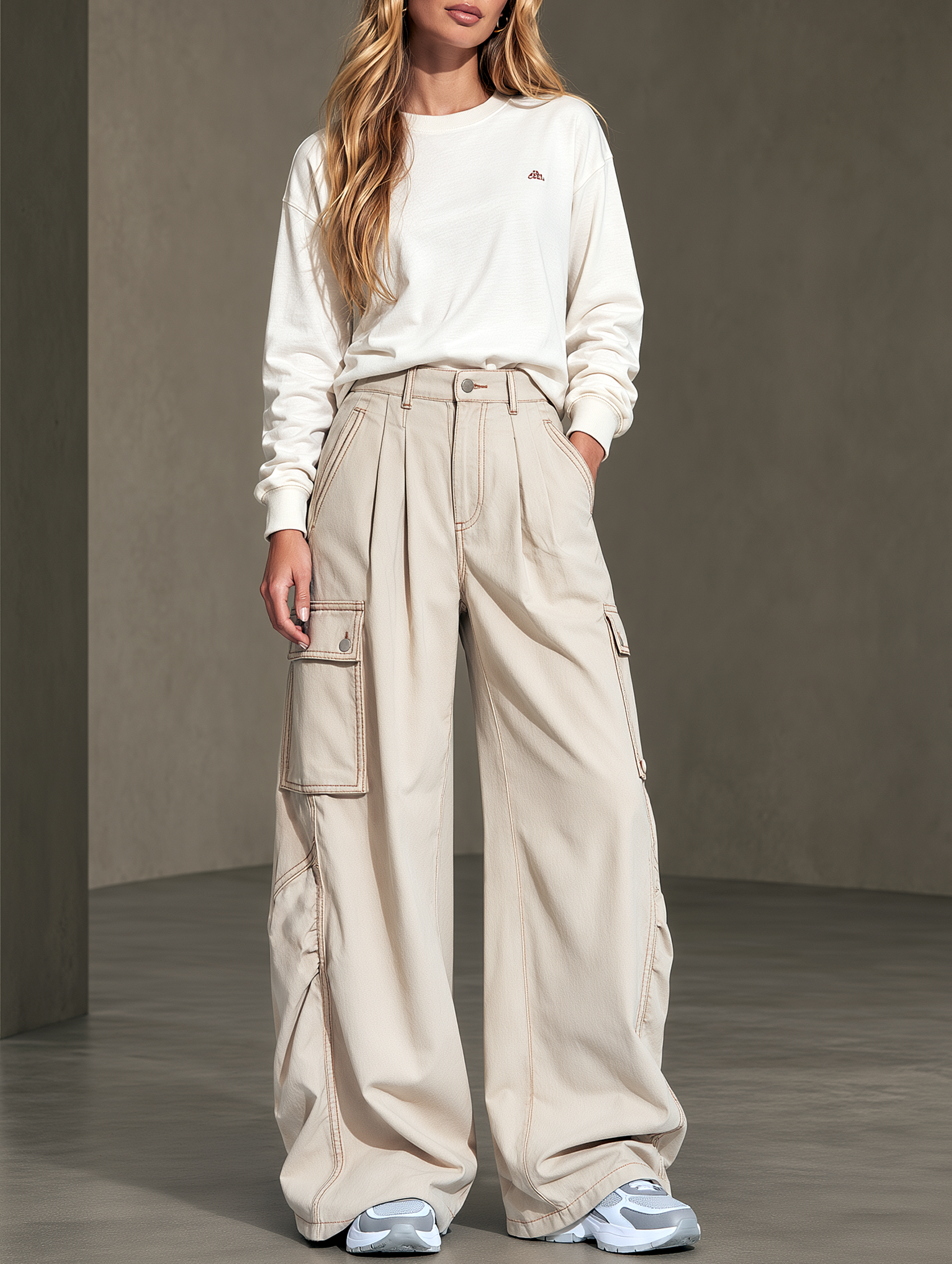 Beige Embroidered Long-sleeve Sweatshirt And Wide-leg Cargo Pants Set