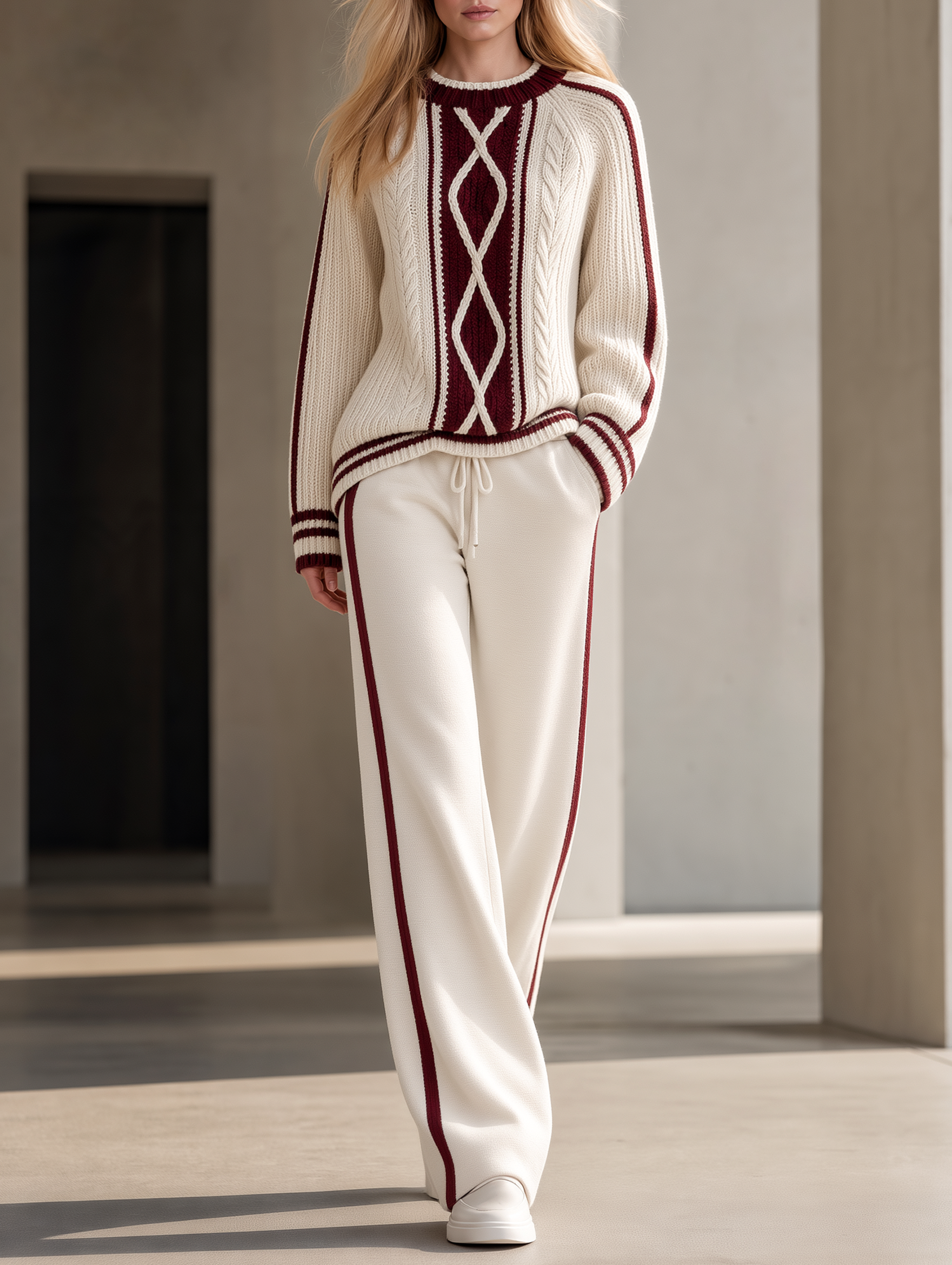 Color-block Cable-knit Sweater And Color-block Wide-leg Trousers Set