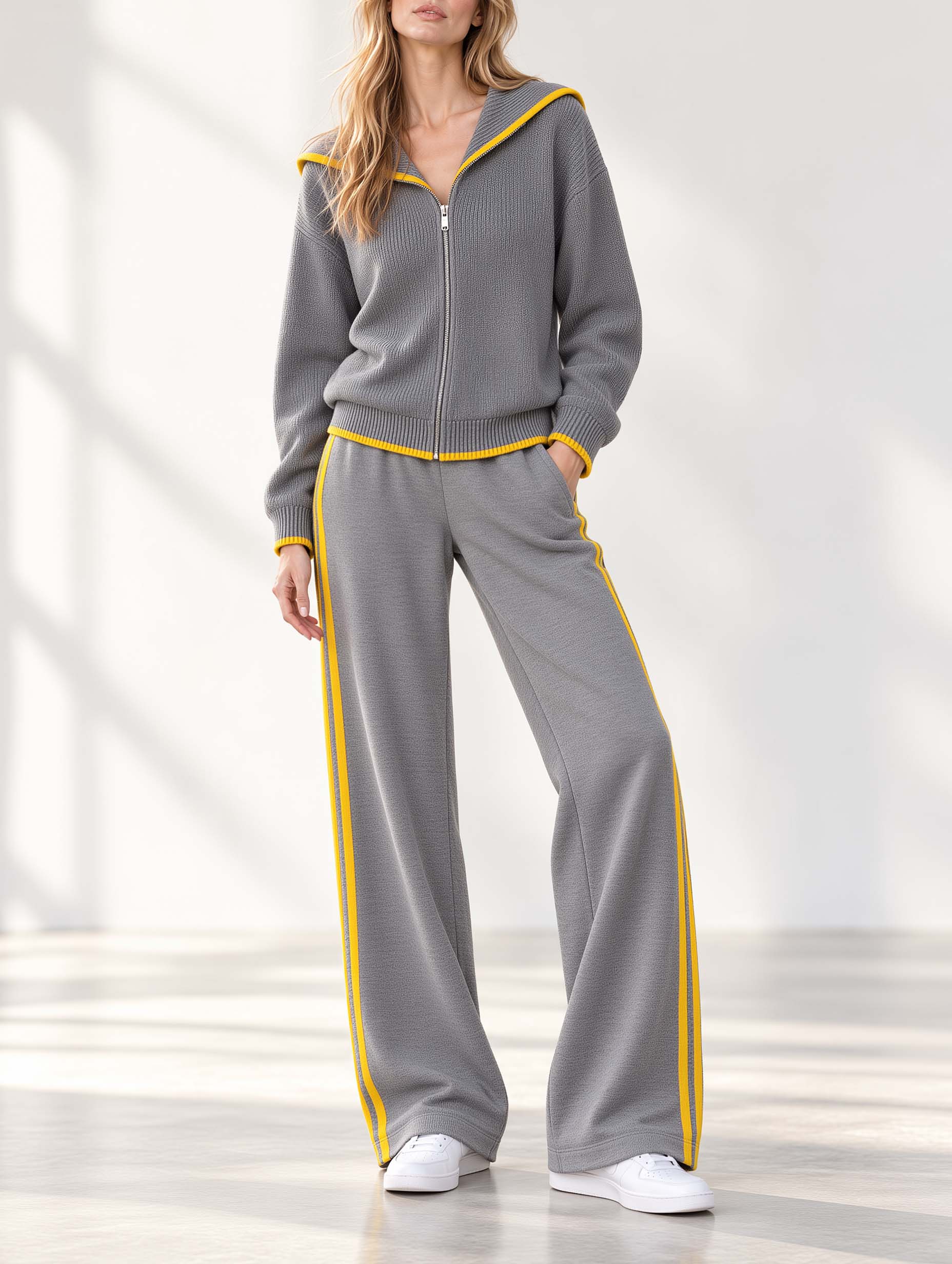 Stylish Casual Grey And Yellow Color-block Long-sleeve Sweater And Wide-leg Trousers Set
