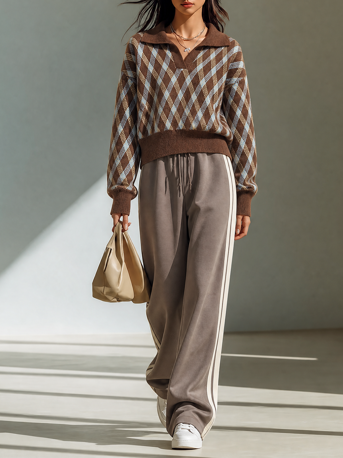 Brown Lapel V-Neck Argyle Jacquard Long-sleeve Knit Sweater Wide Leg Pants Two Piece Set