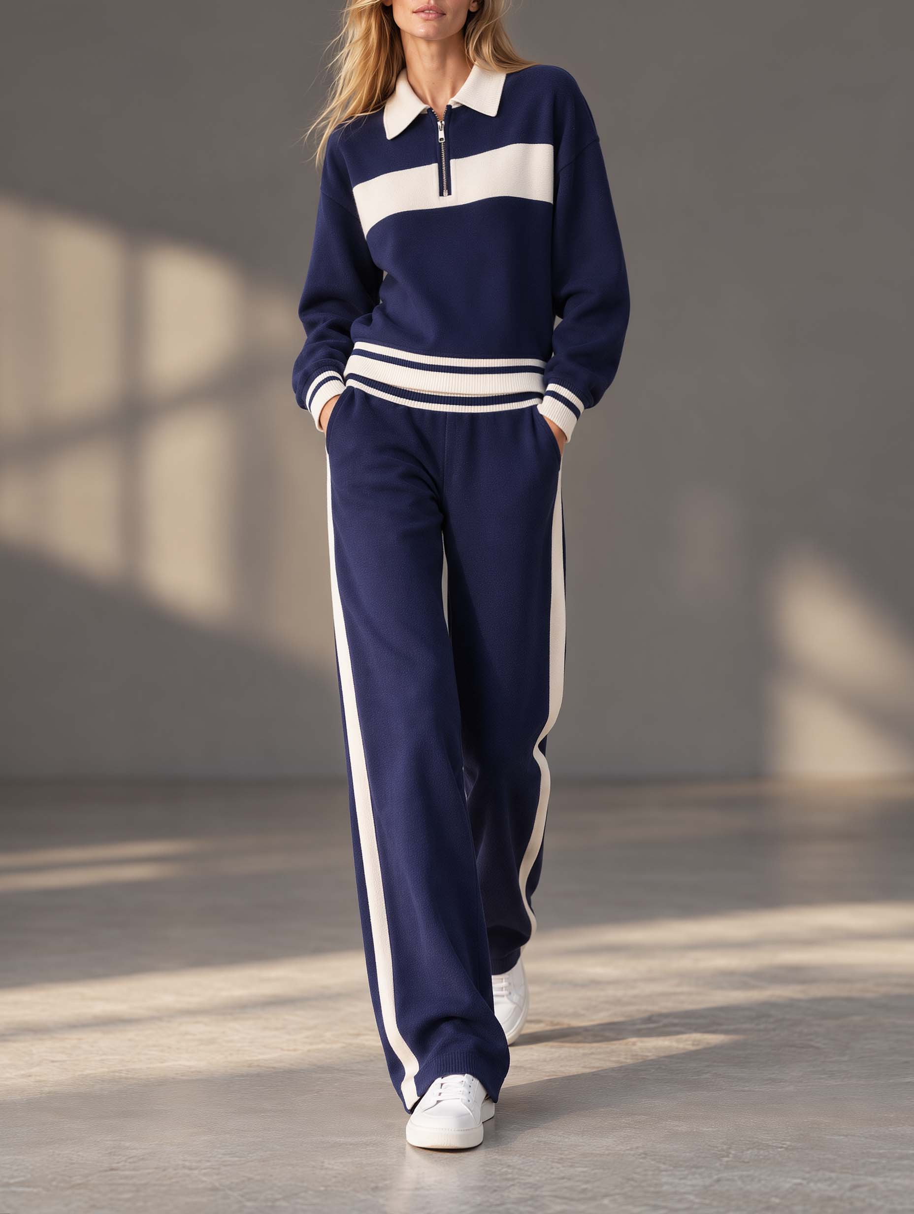 Stylish And Versatile Navy And White Color-block Long-sleeve Sweater And Trousers Set With A Half-zip Collar