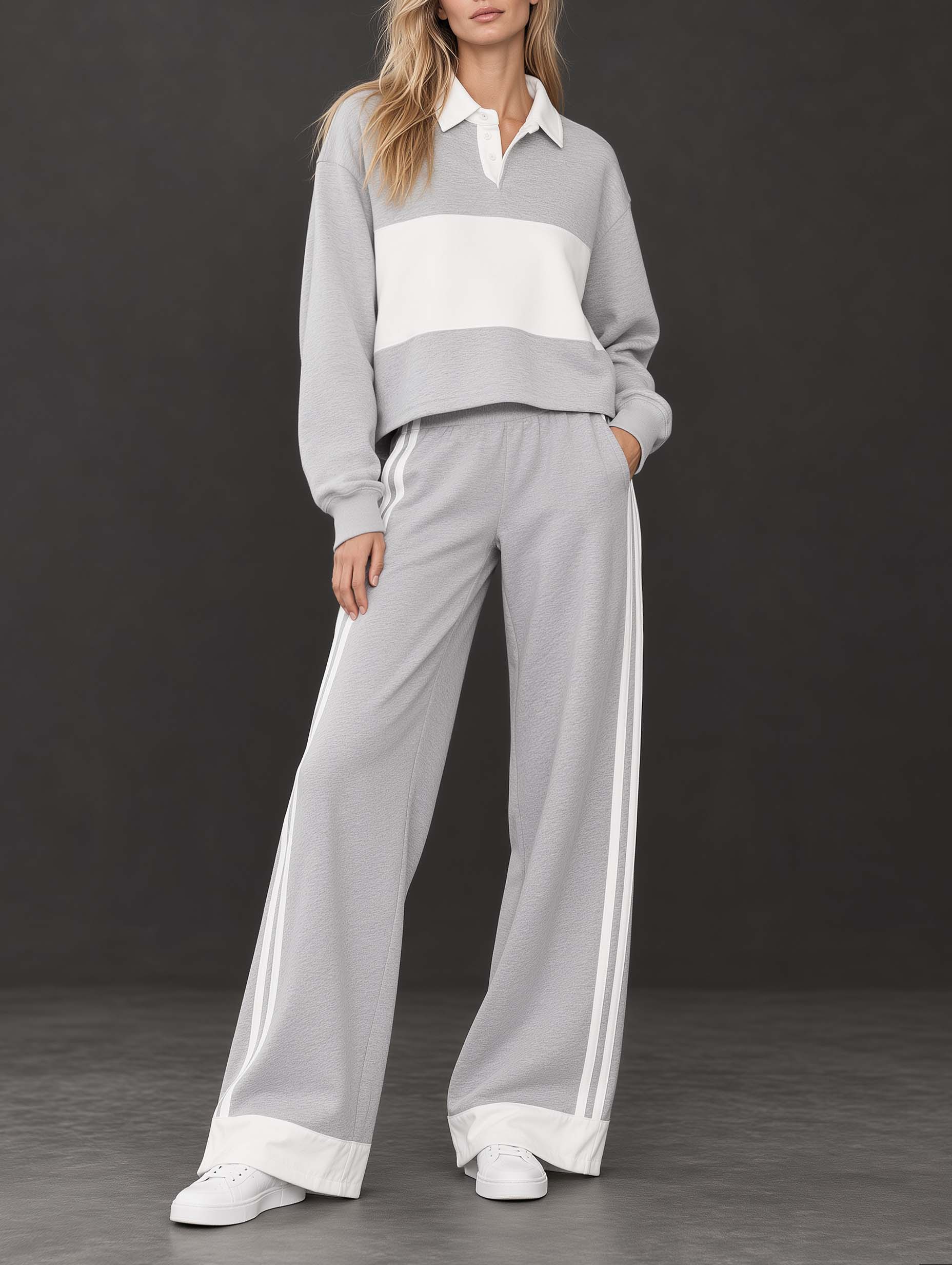 Grey And White Color-block Long-sleeve Polo-collar Top And Wide-leg Trousers Set
