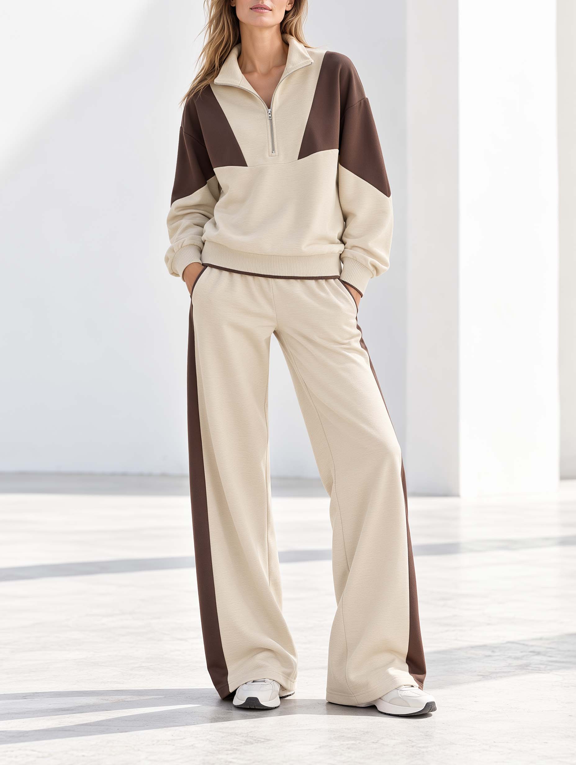 Athleisure-style Khaki And Brown Color-block Long-sleeve Half-zip Top And Trousers Casual Set