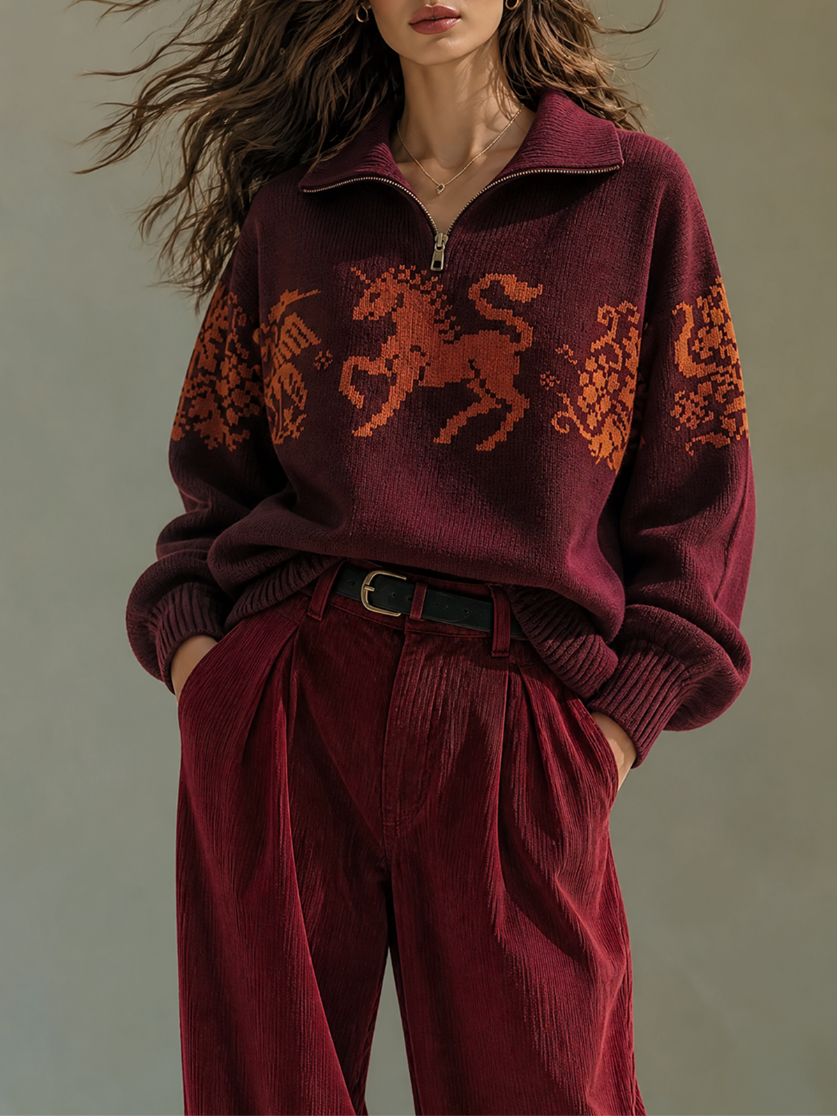 Burgundy Lapel Half-Zip Horse Jacquard Long-Sleeve Loose-Fit Knit Sweater