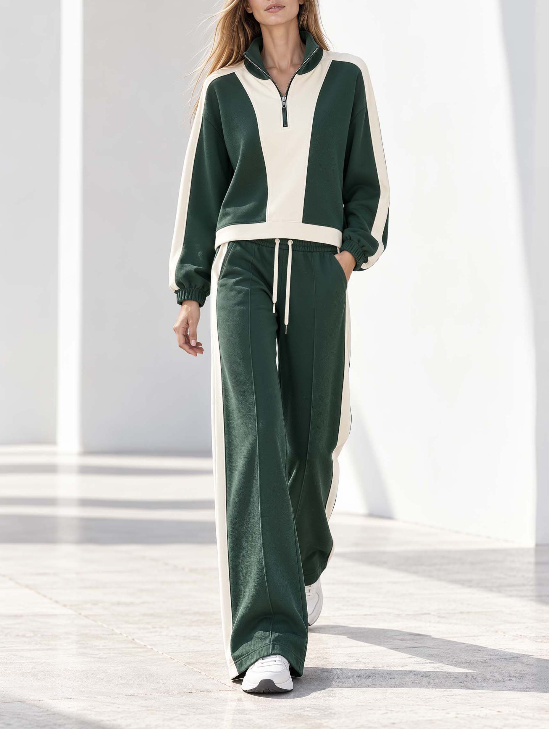 Dark Green And White Color-block Long-sleeve Top With A Half-zip Collar And Matching Trousers Set