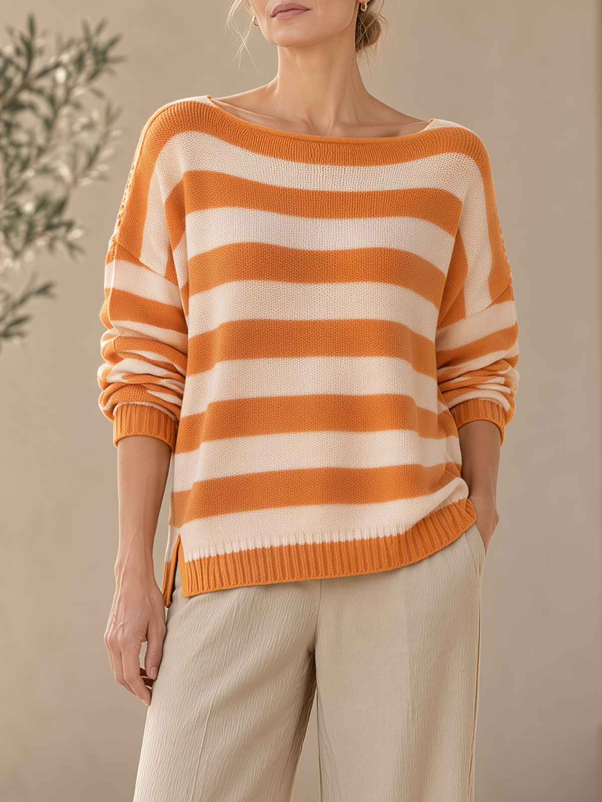Orange And Cream Striped Boat Neck Knit Sweater
