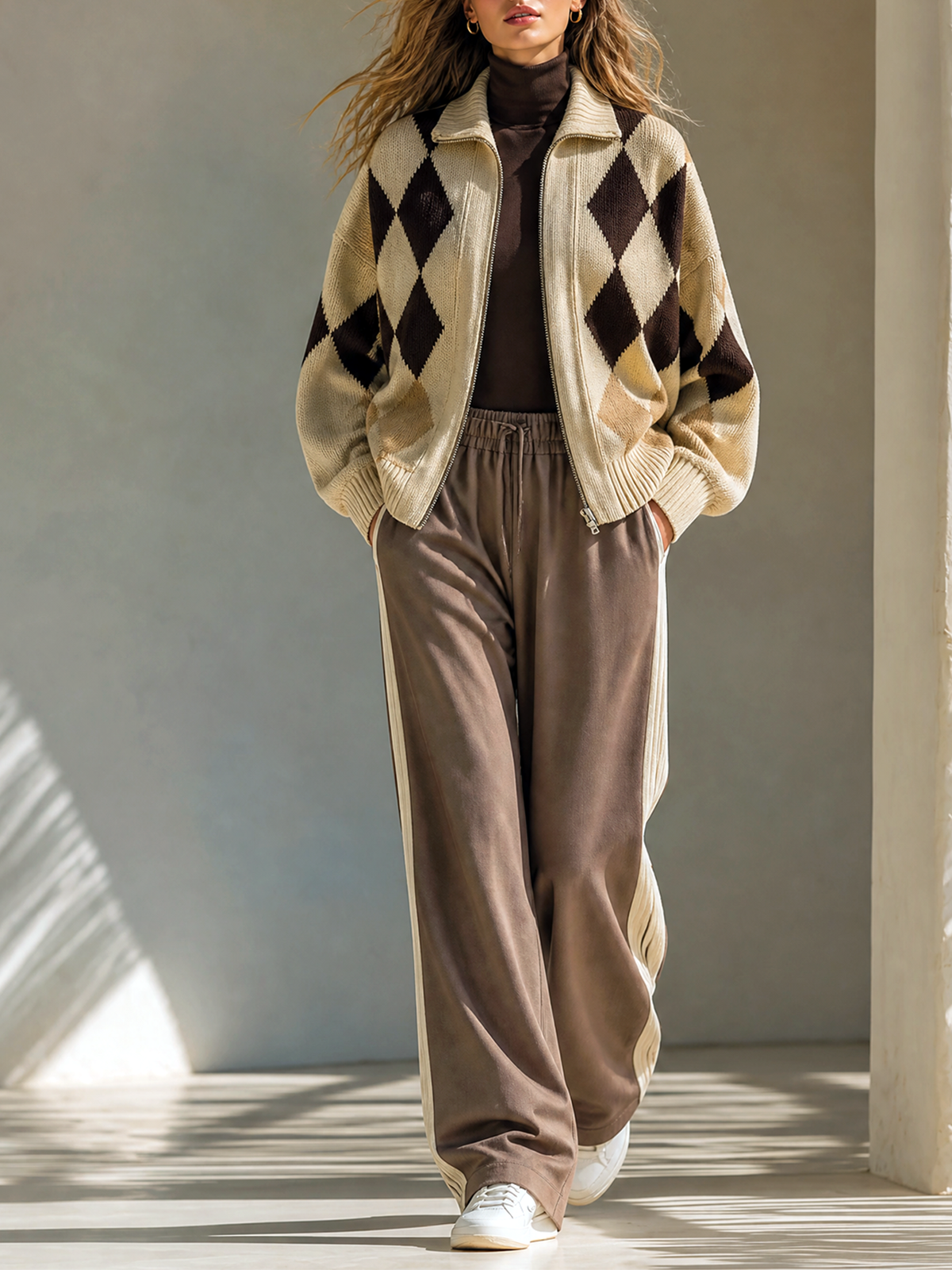 Beige Stand Collar Full Zip Brown Argyle Jacquard Knit Cardigan Wide Leg Pants Two Piece Set