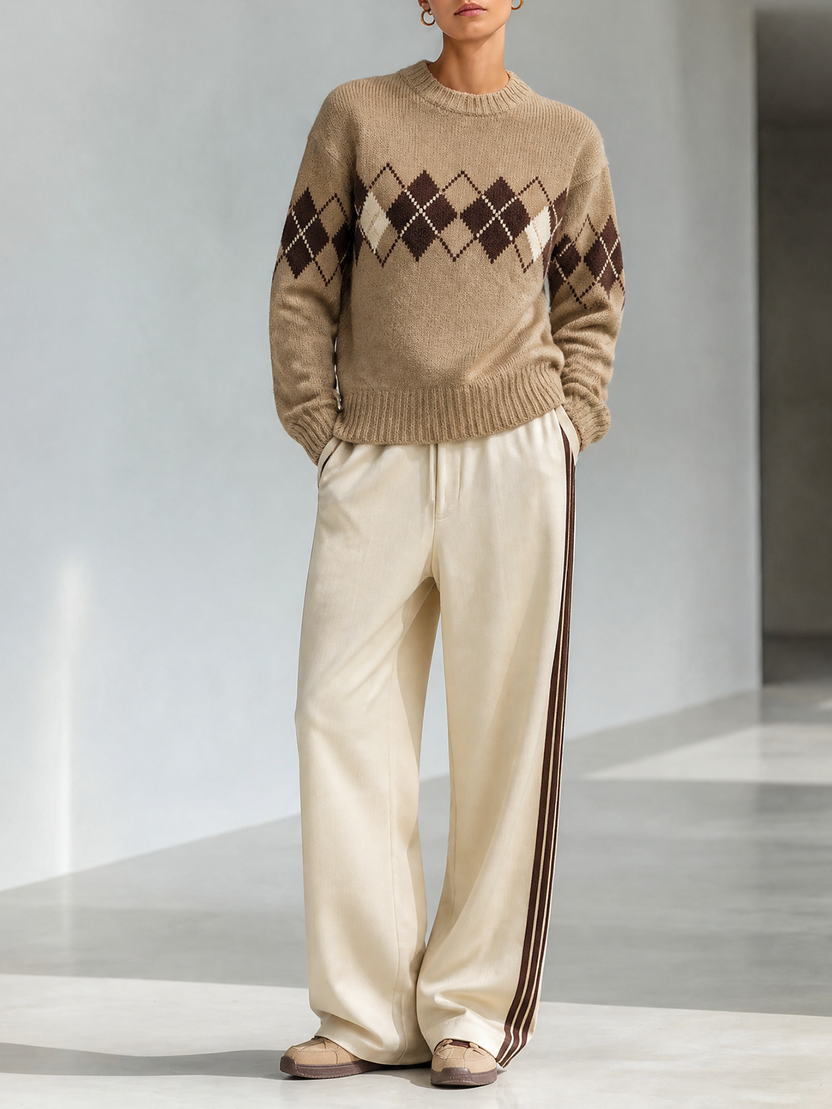 Camel Crew Neck Argyle Jacquard Knit Sweater Wide Leg Pants Two Piece Set