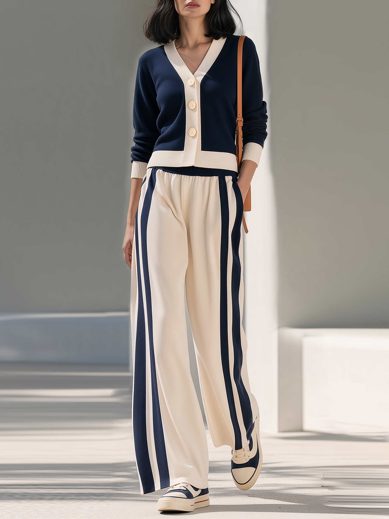 Navy Cream Color Block Knit Cardigan Striped Wide Leg Pants Set