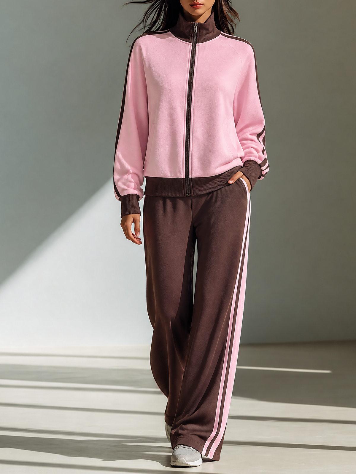 Pink Stand Full Zip Brown Contrast Stripe Jacket Wide Leg Pants Two Piece Set