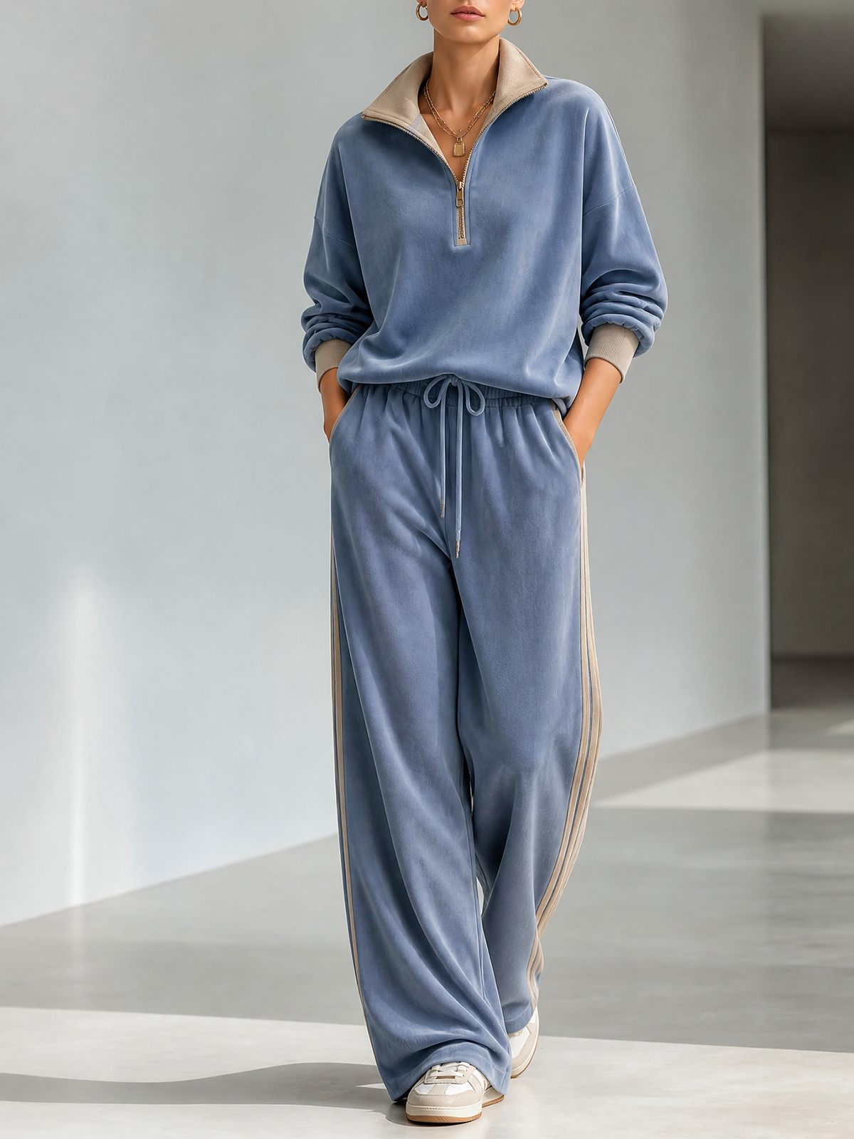 Dusty Blue Stand Half-Zip Contrast Stripe Velvet Sweatshirt Wide Leg Pants Two Piece Set