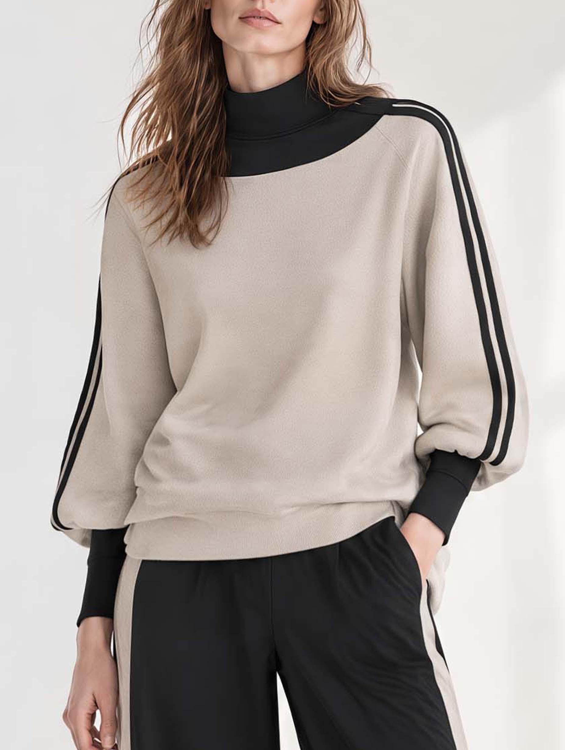 Oatmeal And Black Color-block High-neck Long-sleeve Top With Side Stripes