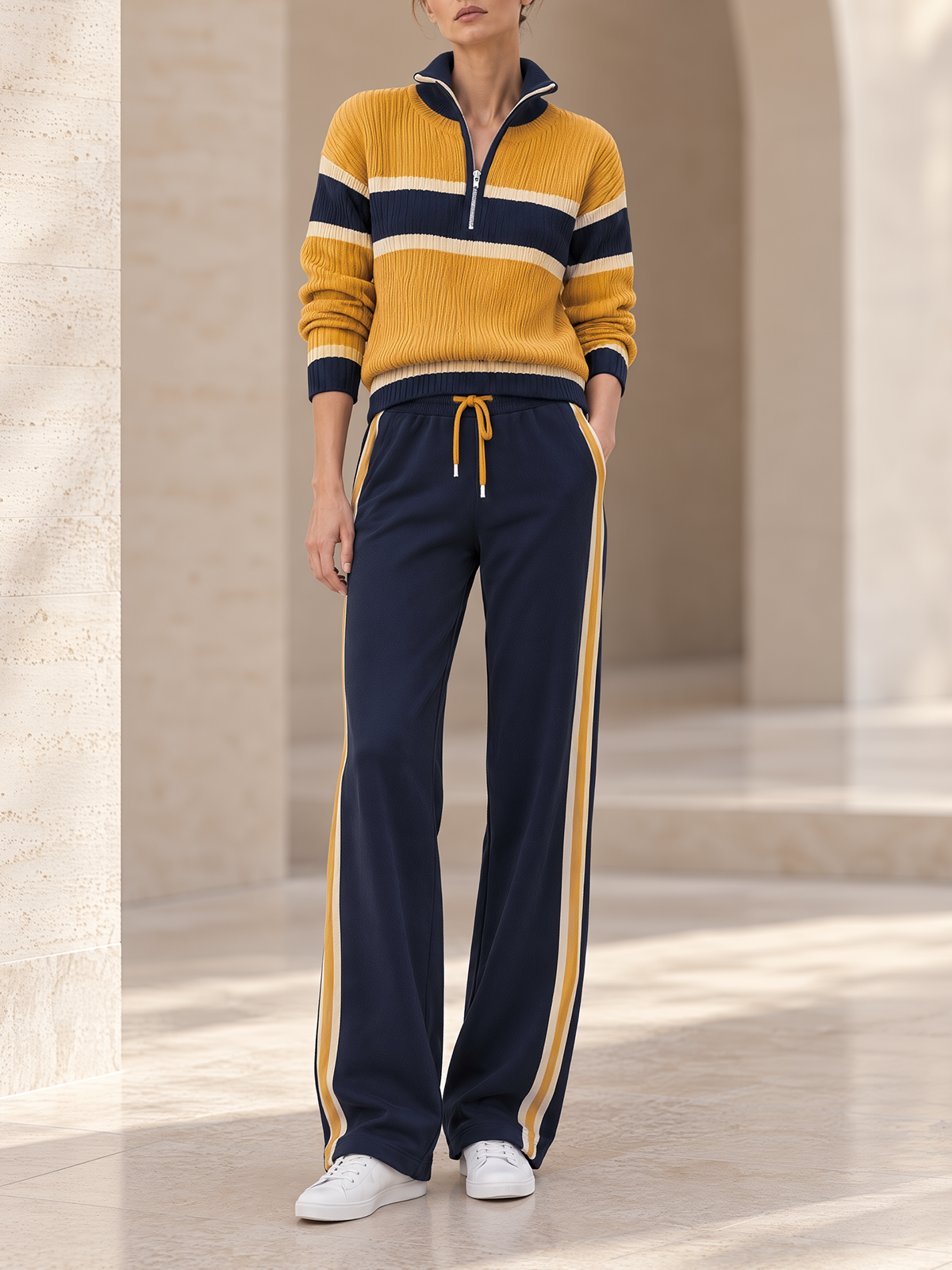 Mustard Striped Half-zip Knit Sweater & Side-stripe Wide-leg Pants Set
