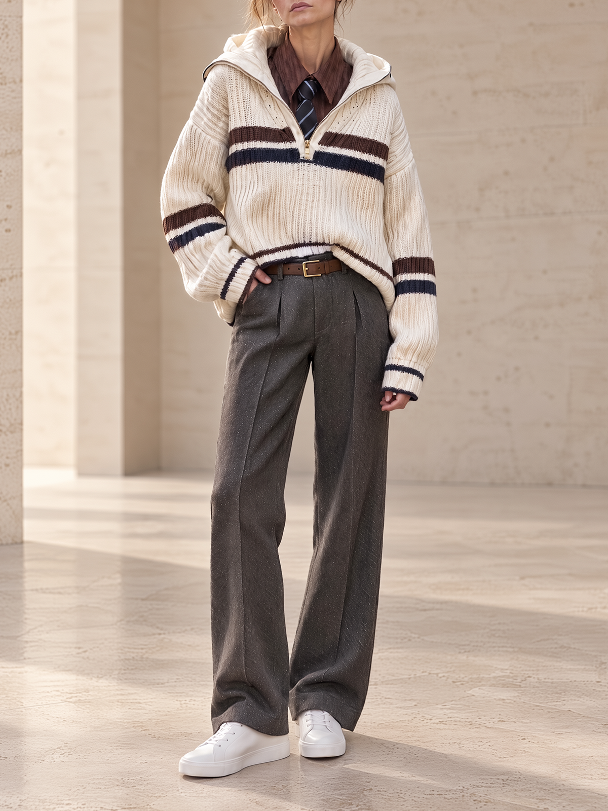 Cream Striped Hooded Half-zip Sweater & Grey Wide-leg Trousers Set