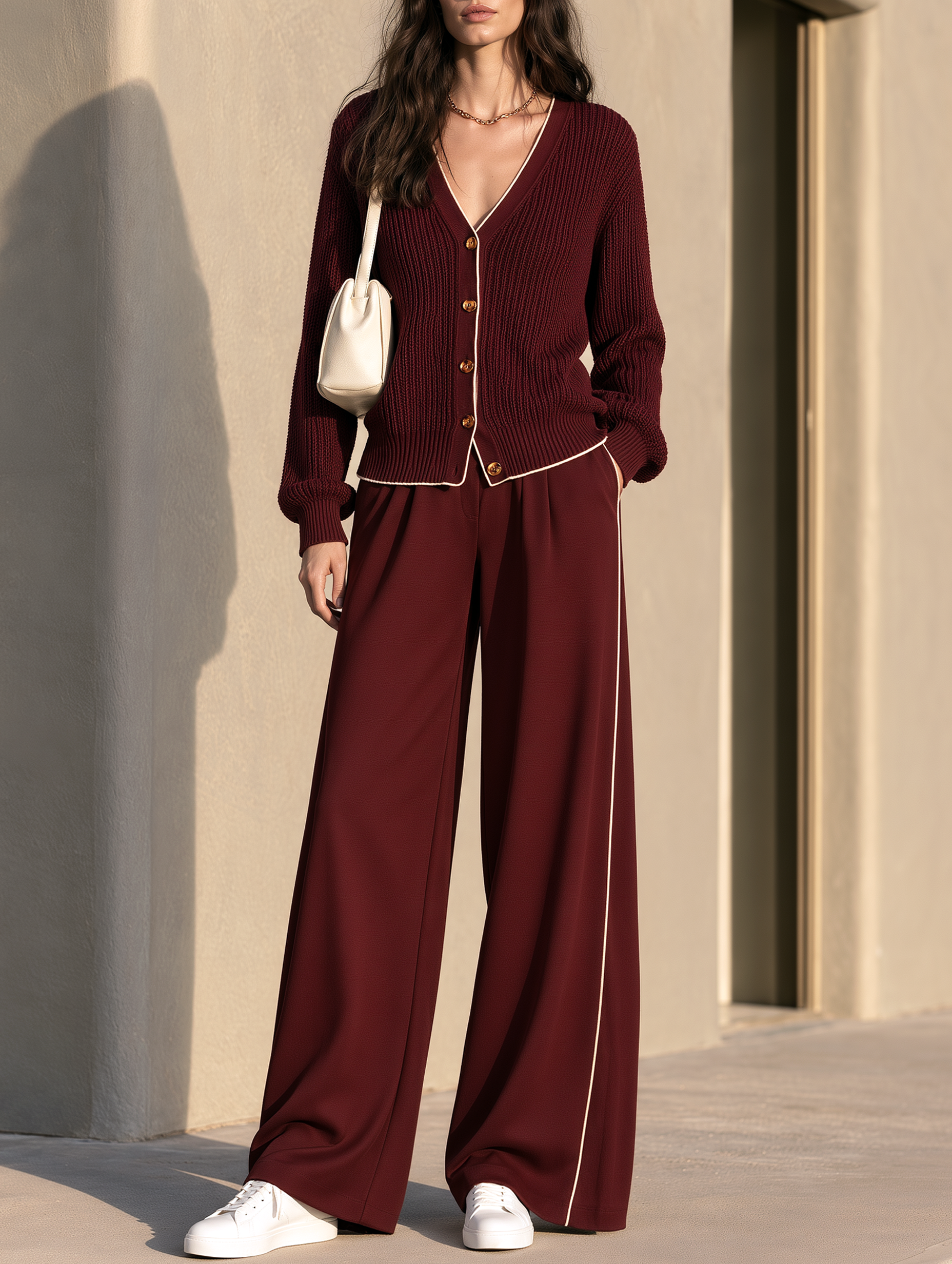 Burgundy Knitted Cardigan And Drapey Wide-Leg Trousers Set