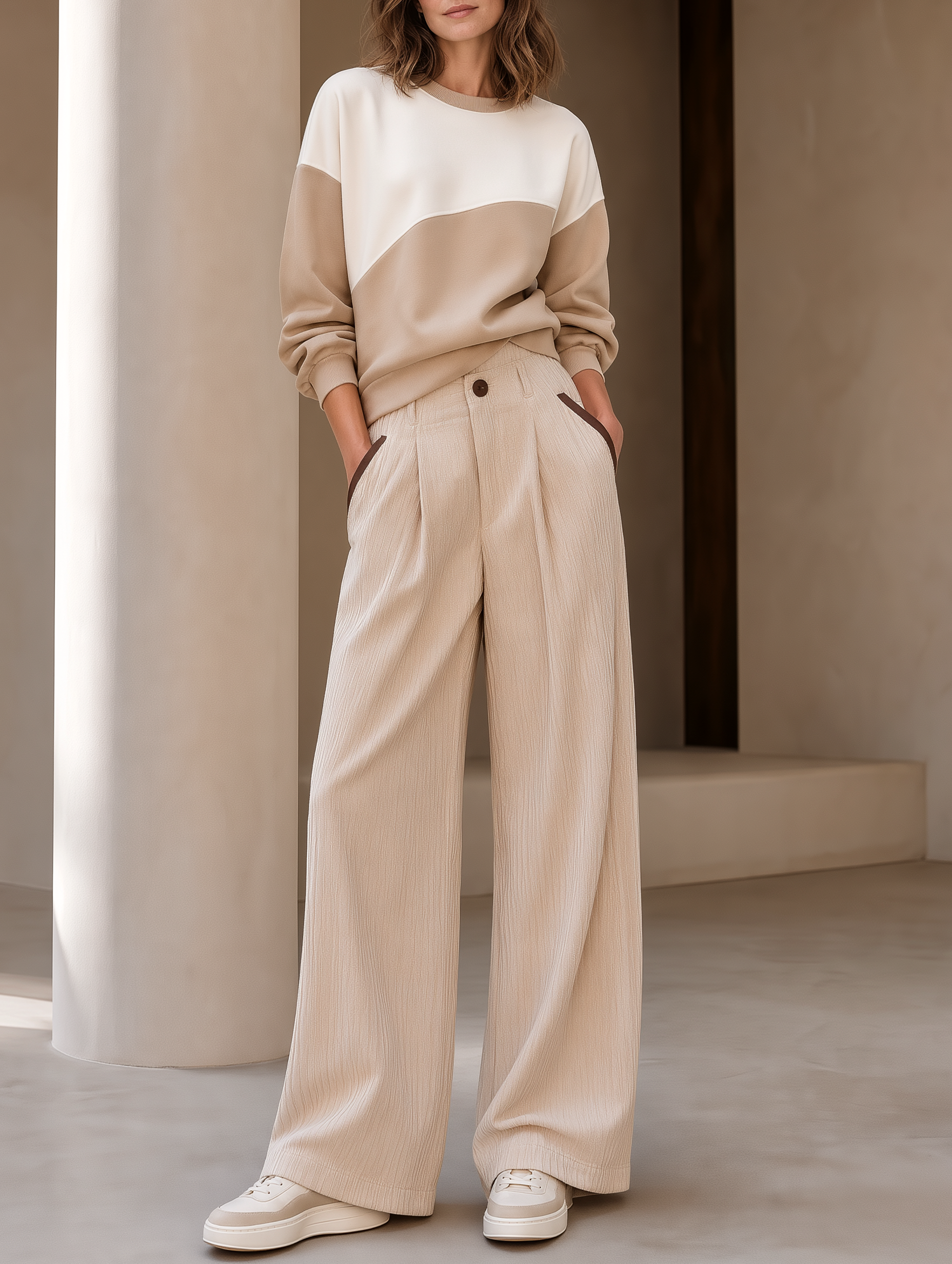 Beige-brown Colorblock Sweatshirt And Corduroy Wide-leg Pants Set
