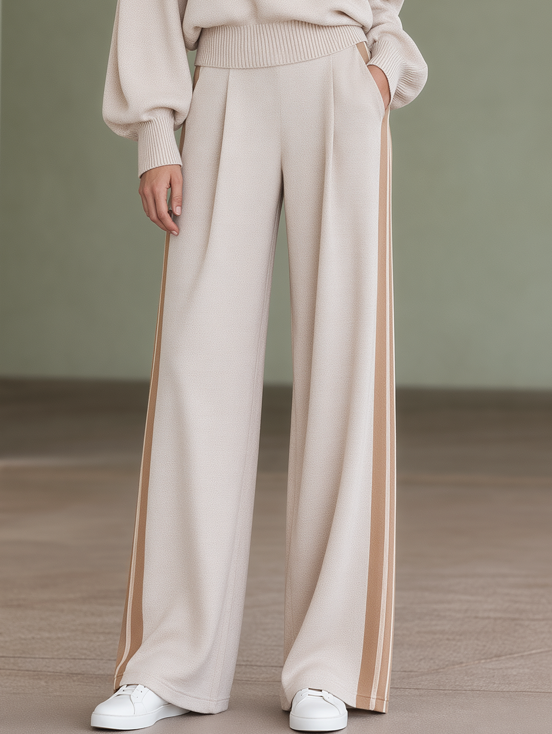 High-waisted Wide-leg Trousers With Contrasting Side Stripes