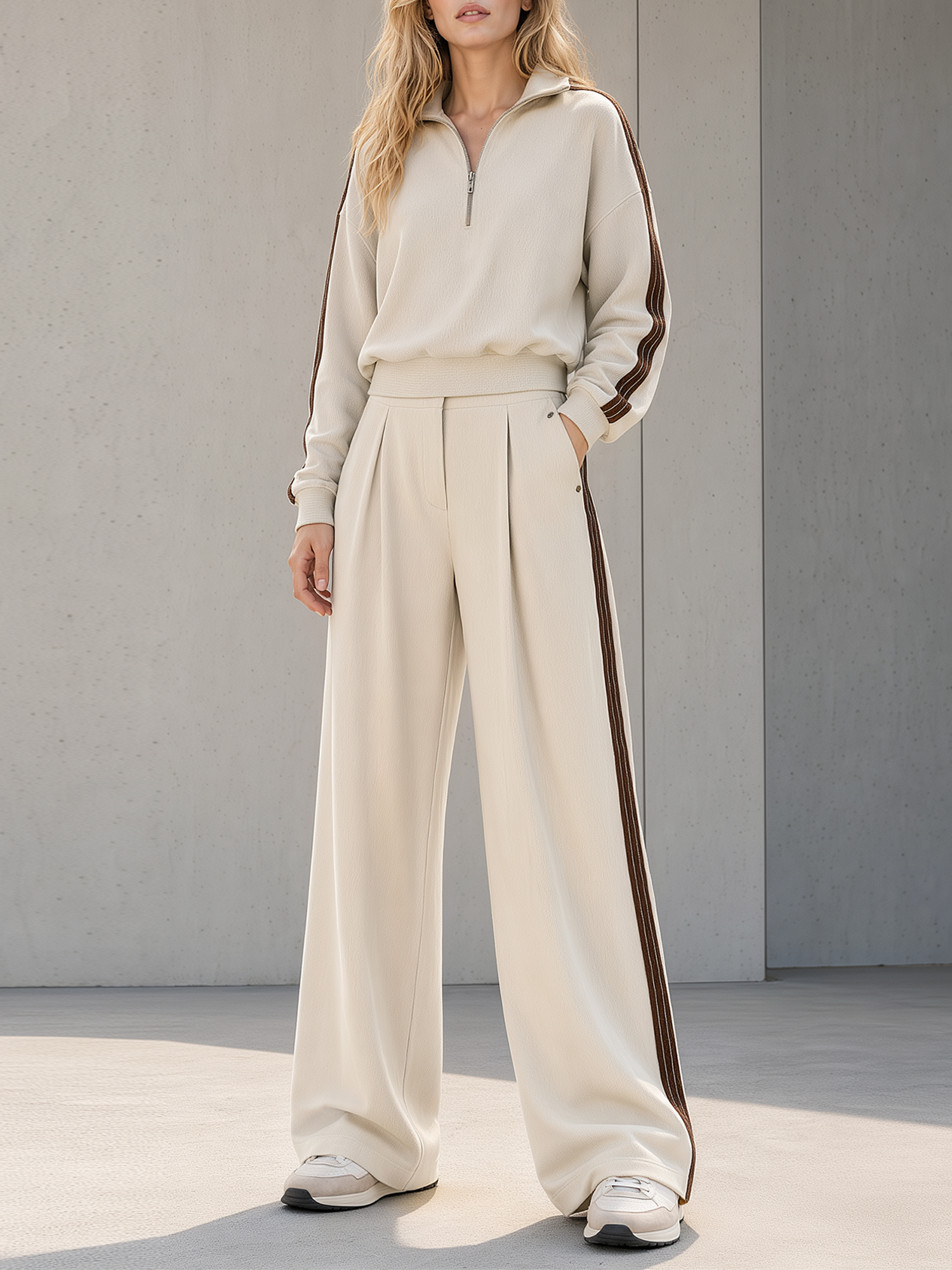 Beige Panelled Half-zip Top And Studded Pleated Wide-leg Trousers Set