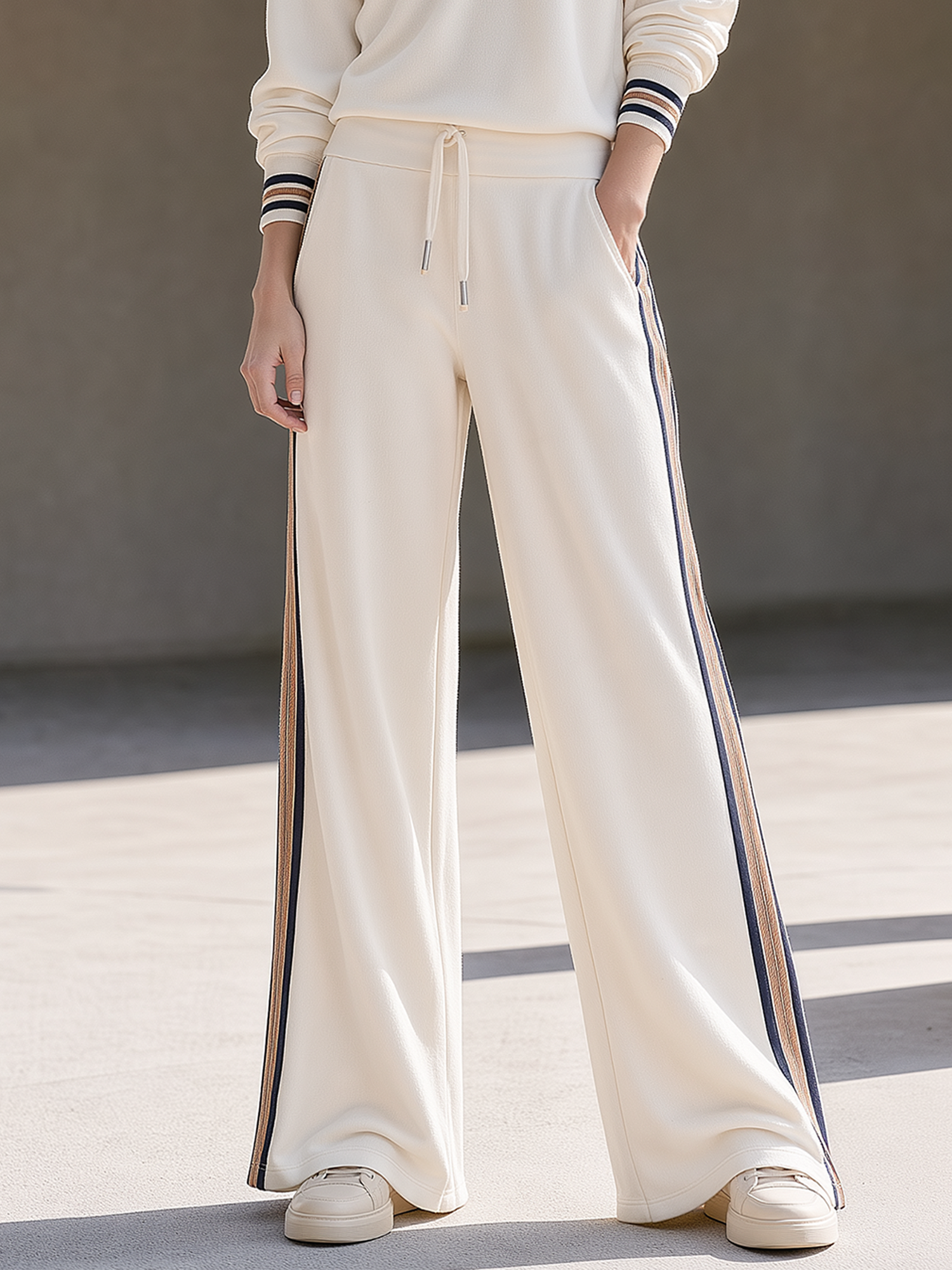 Off-white Wide-leg Casual Trousers With Contrasting Side Stripes
