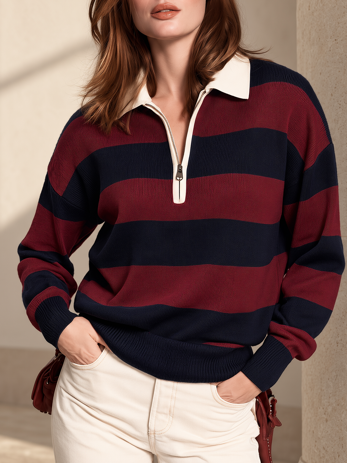 Burgundy And Navy Rugby Stripe Half-zip Polo Sweater