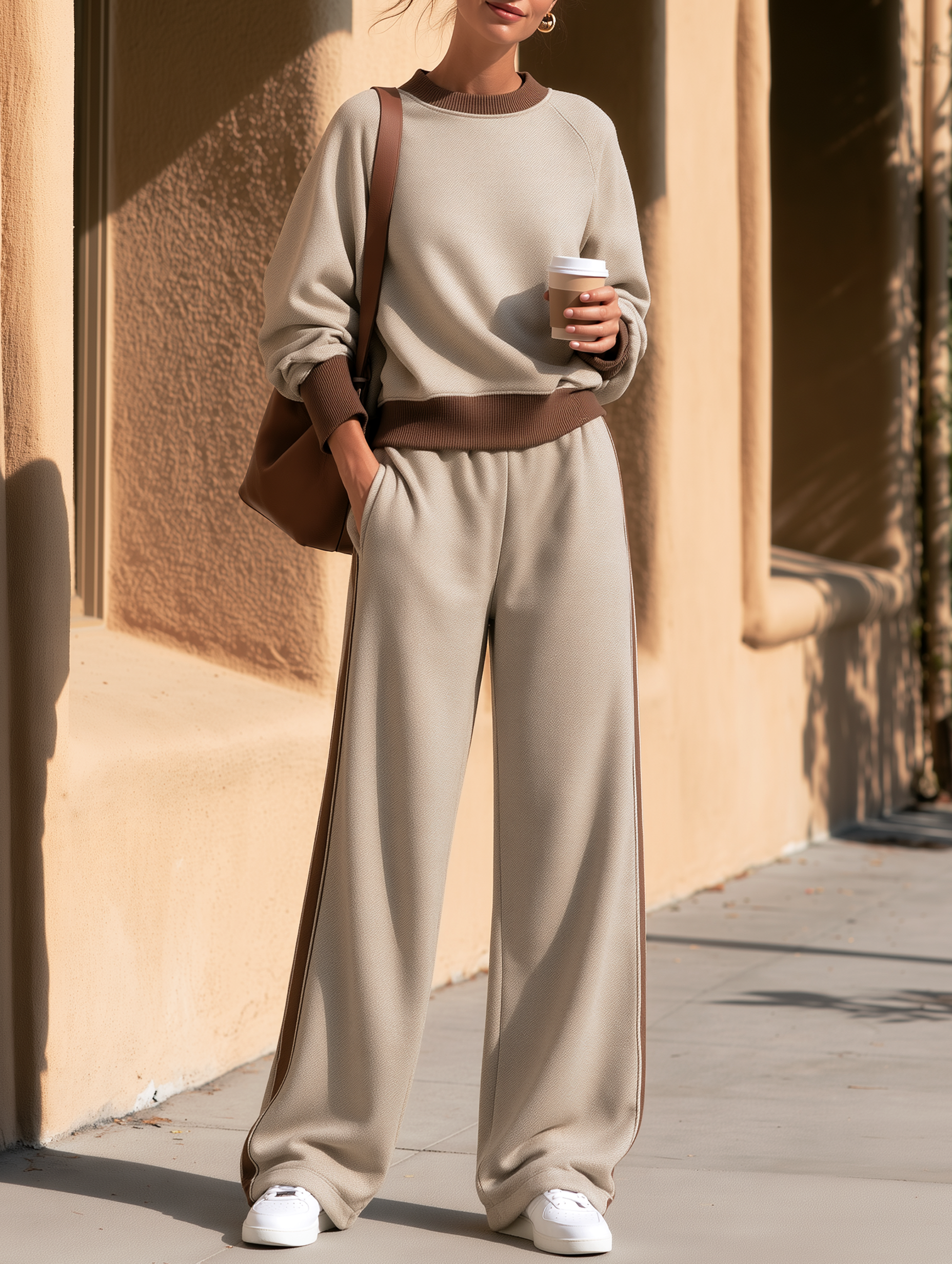 Taupe Crew-neck Sweatshirt And Wide-leg Trousers Set