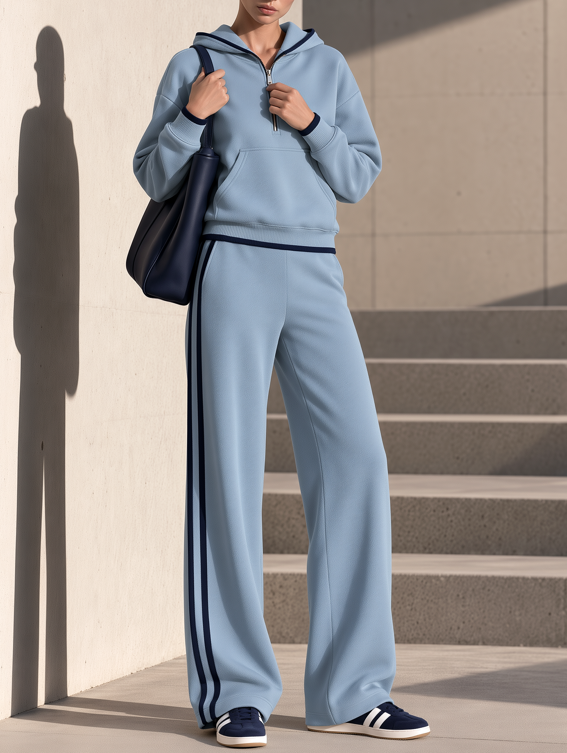 Blue Half-zip Hoodie And Color-block Wide-leg Pants Set