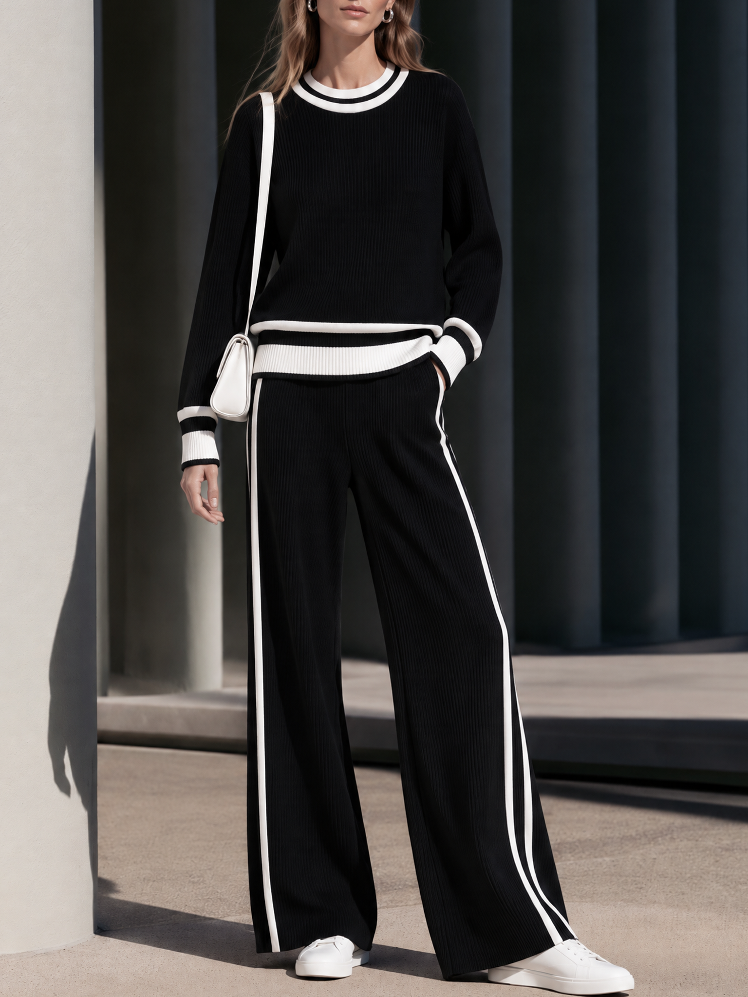 Ribbed Top With Contrast-color Piping And Wide-leg Pants Set
