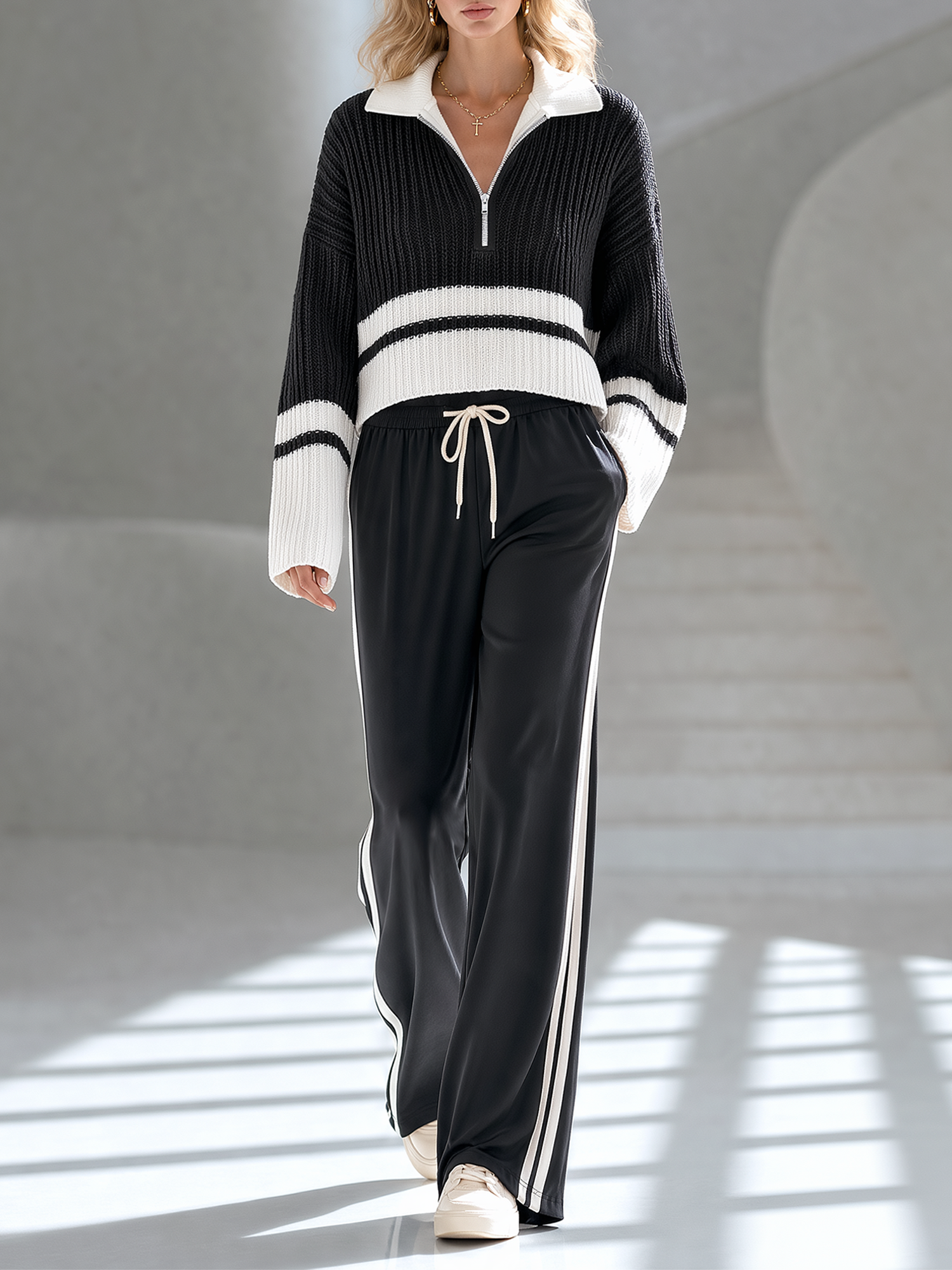 Black And White Color-block Half-zip Collared Sweater And Side-stripe Wide-leg Pants Set