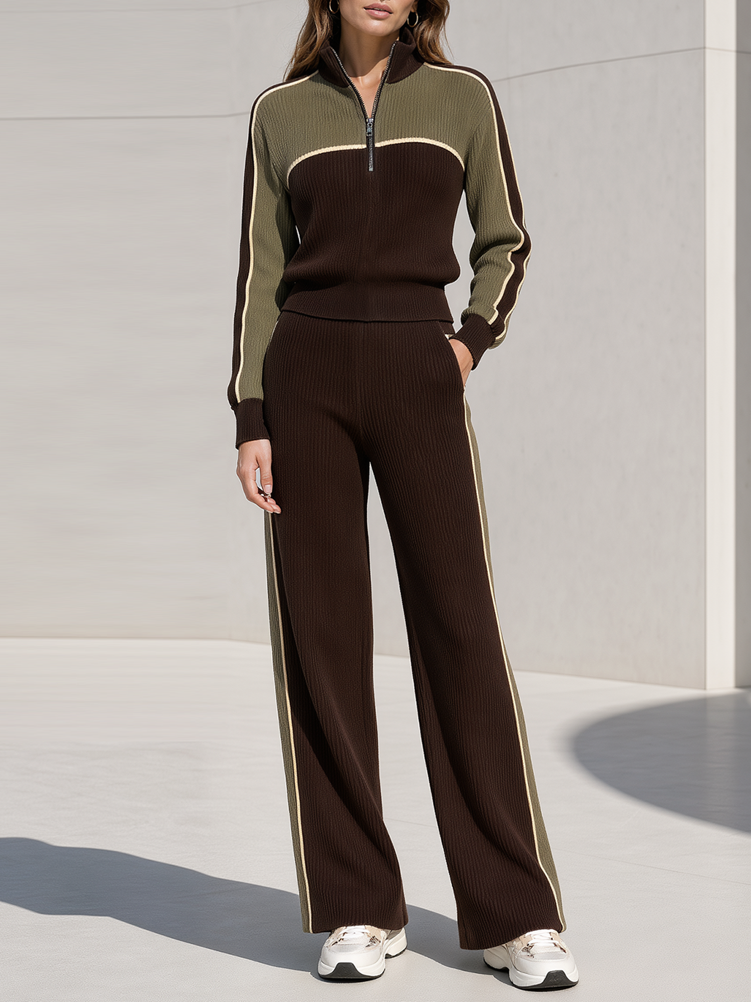 Brown Colorblock Half-zip Knit Top And Ribbed Wide-leg Pants Set