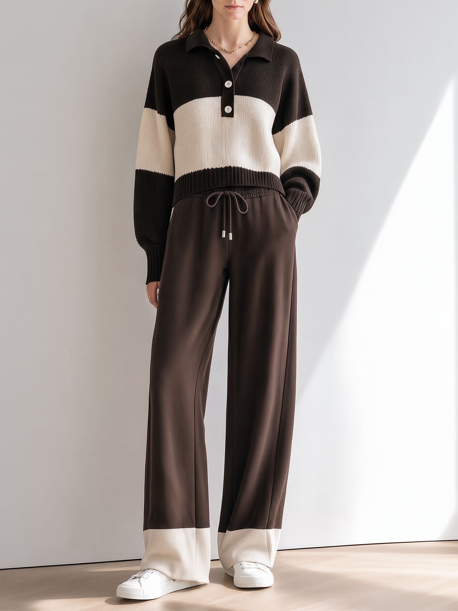 Brown And Beige Color-block Polo-collar Sweater And Drawstring Wide-leg Pants Set