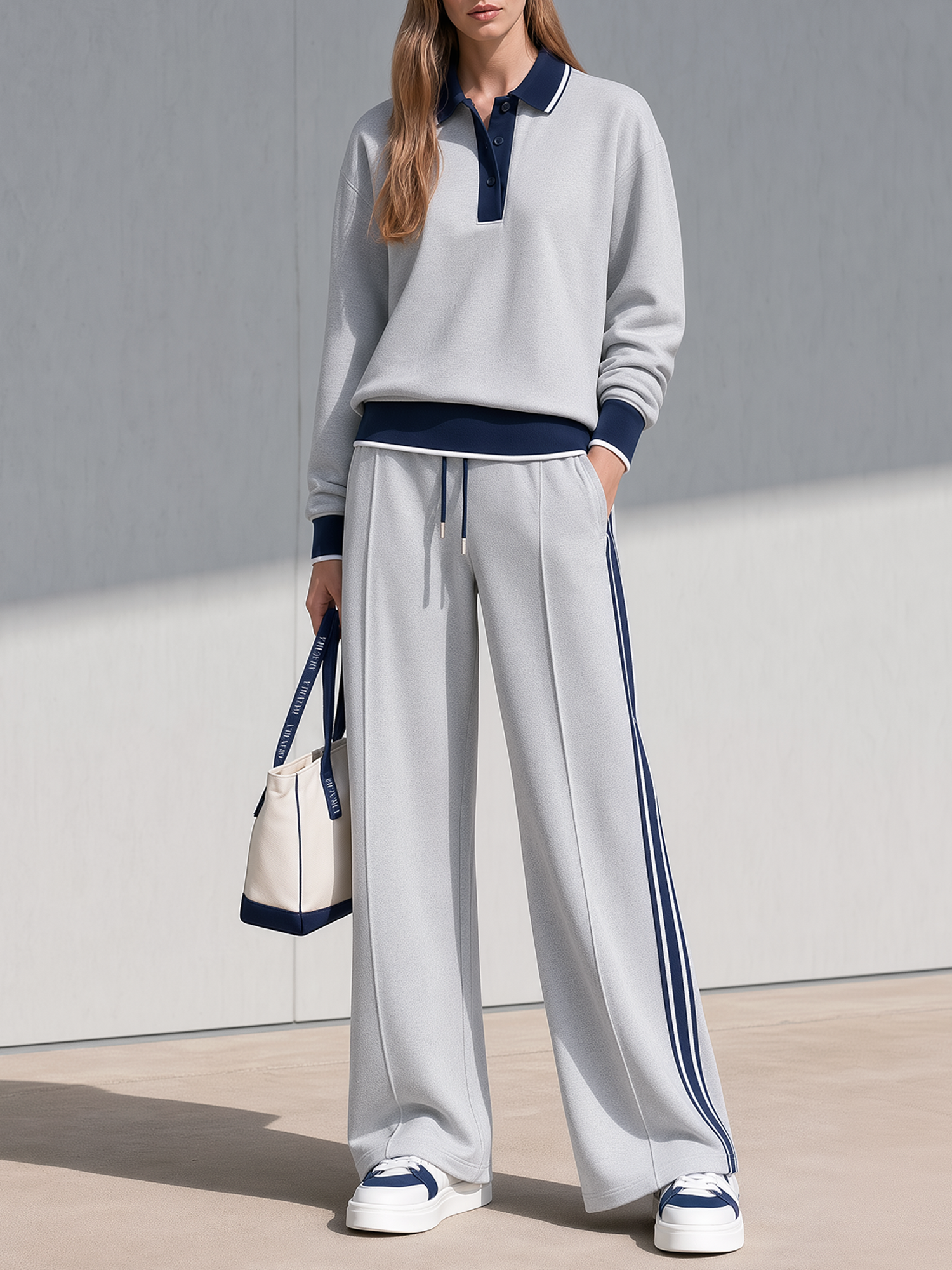 Light Gray And Navy Color-block Polo Top And Side-striped Wide-leg Pants Set