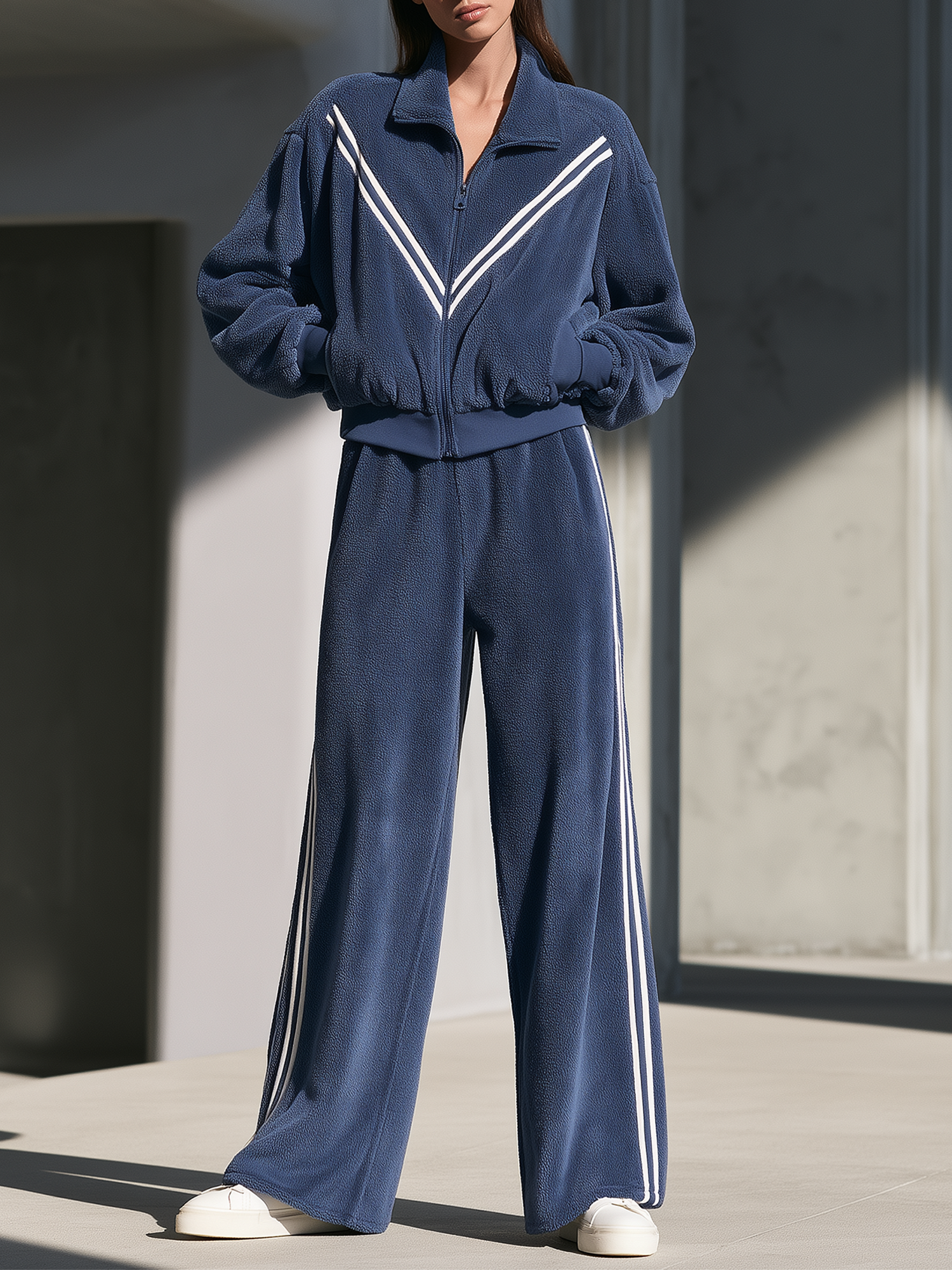 Foggy Blue Fleece Zip-up Jacket And White Striped Wide-leg Trousers Set