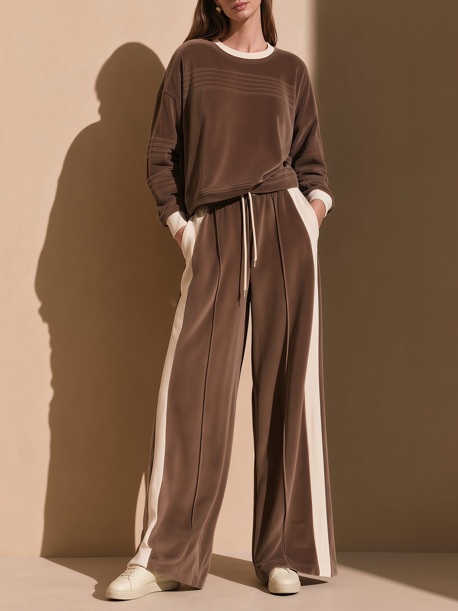 Brown Velvet-touch Color-block Long-sleeve Crew-neck Top And Wide-leg Pants Set