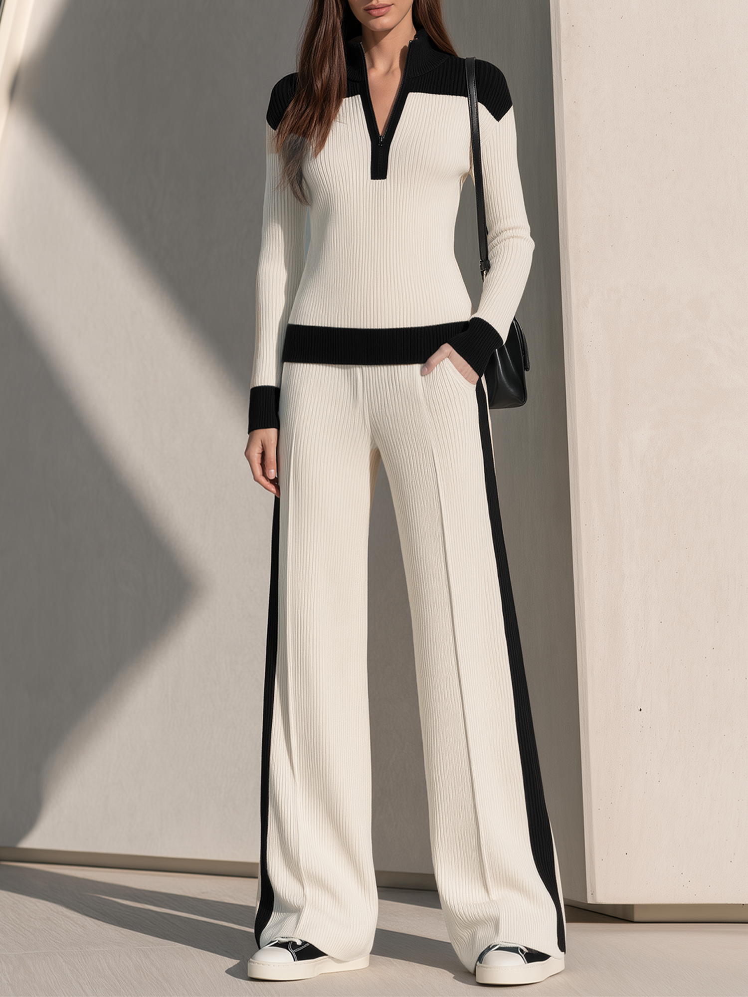 Black And White Half-zip Ribbed Knit Top Paired With Color-block Wide-leg Trousers Set