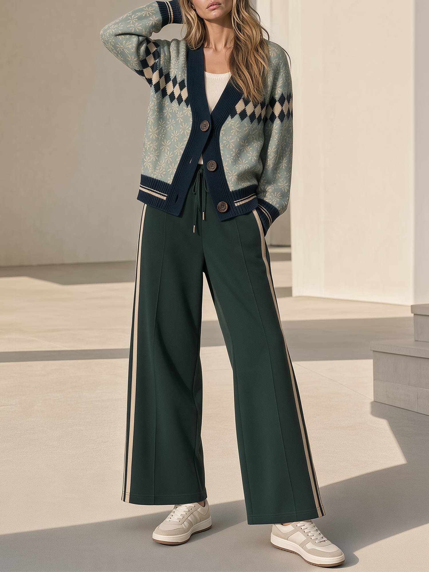 Color-block Diamond-pattern Jacquard Knit Cardigan And Dark Green Wide-leg Trousers Set