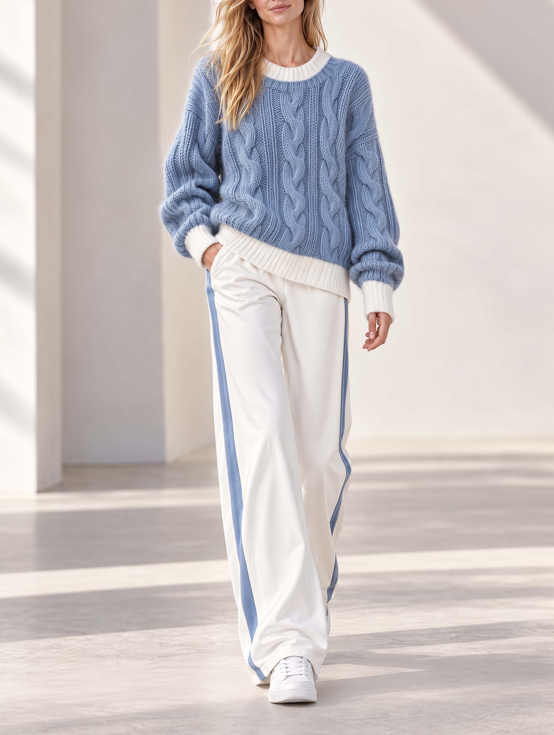Comfortable Blue And White Color-block Cable-knit Long-sleeve Sweater And Trousers Lounge Set