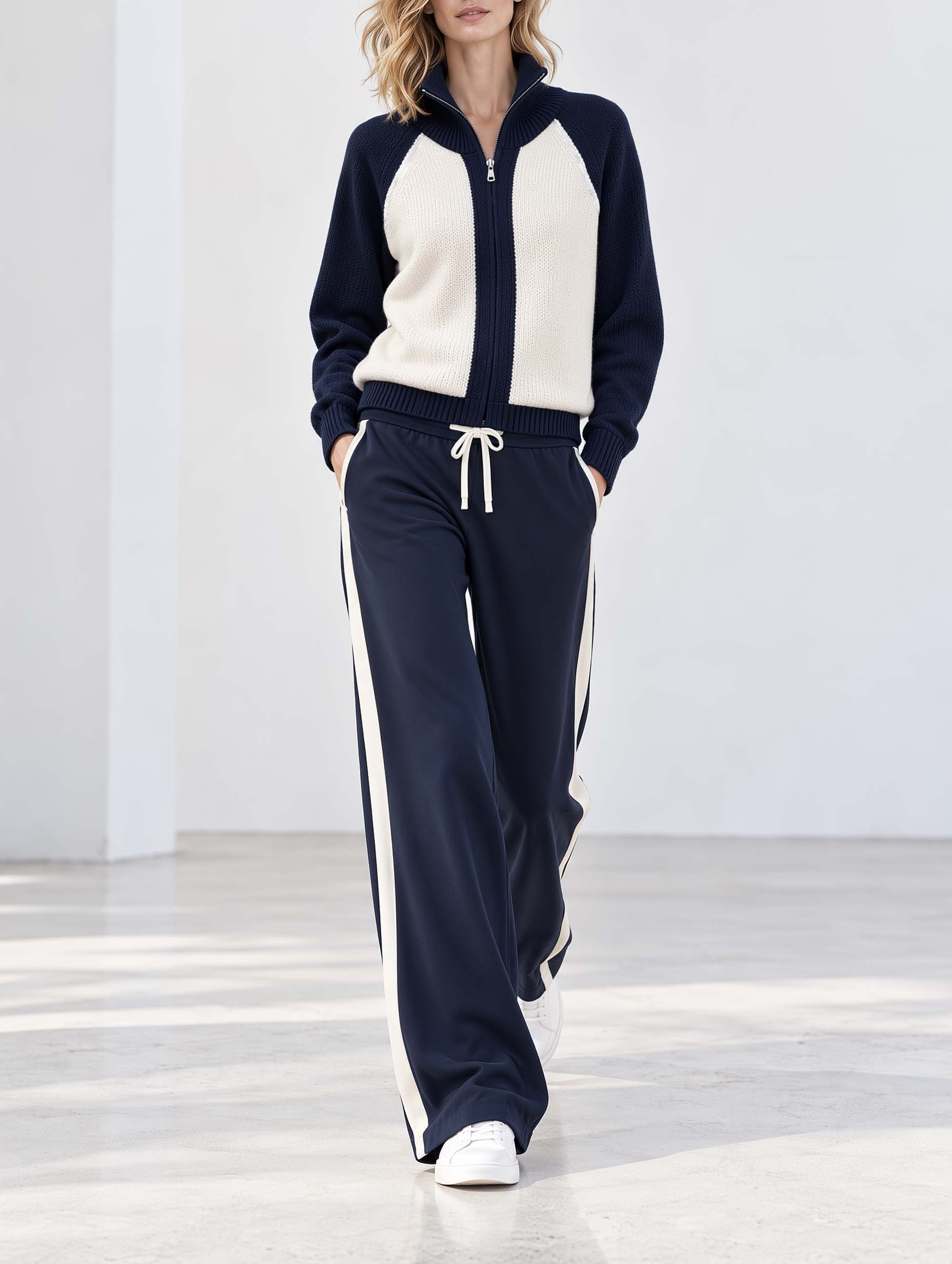 Stylish And Casual Navy And White Color-block Long-sleeve Sweater And Wide-leg Trousers Set