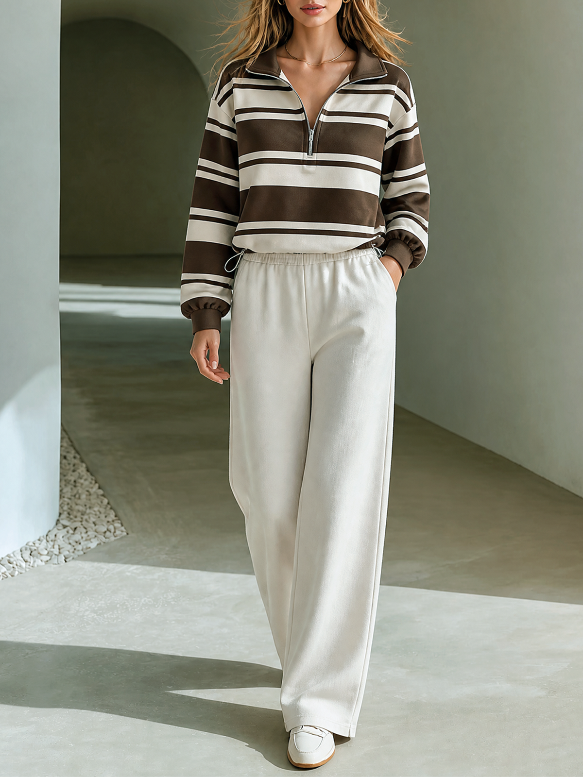 Brown-White Striped Lapel Half-Zip Sweatshirt Wide Leg Pants Two Piece Set